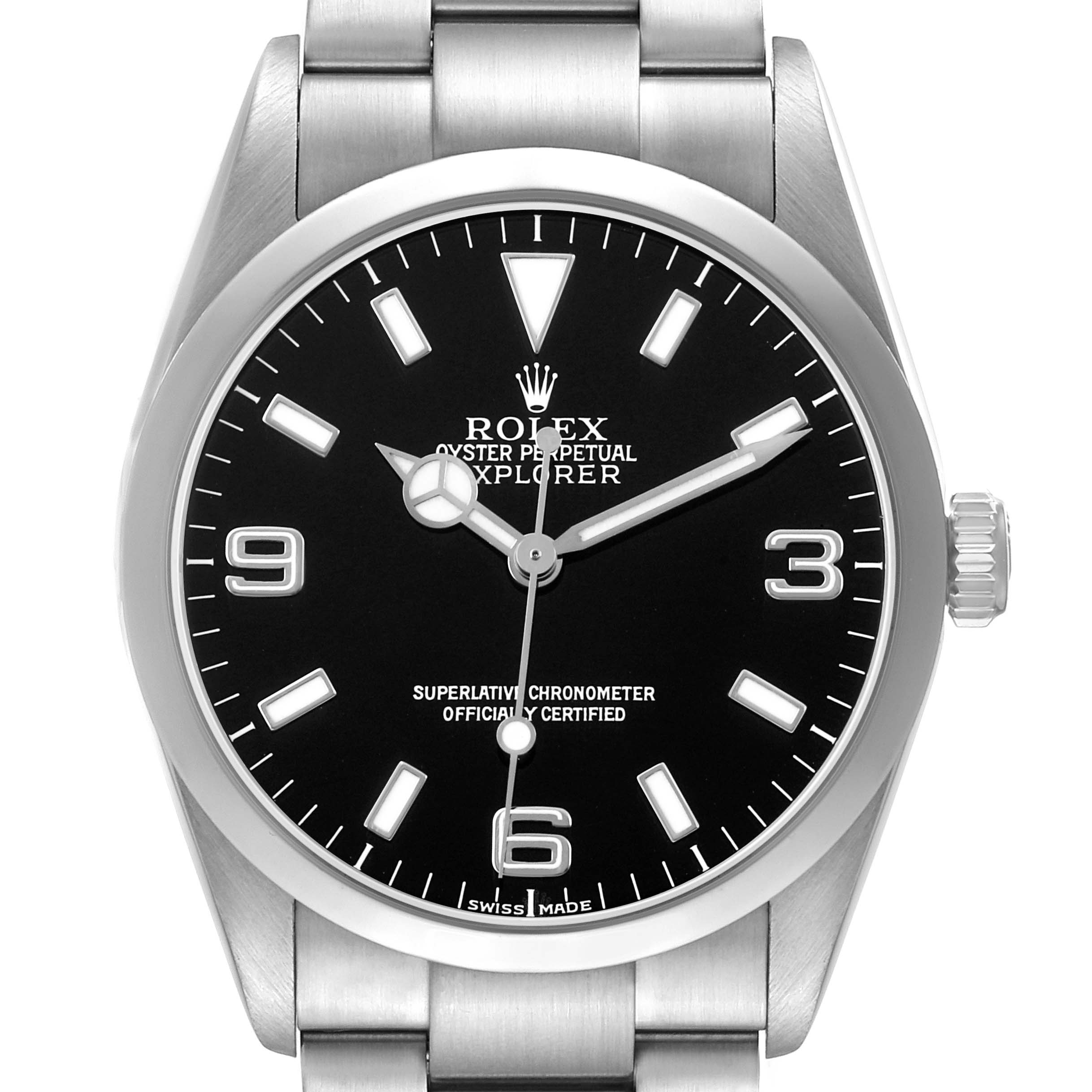 The Rolex Explorer 114270 Men's Stainless Steel Black Dial watch is shown from a front angle, displaying the face, bezel, crown, and part of the bracelet.