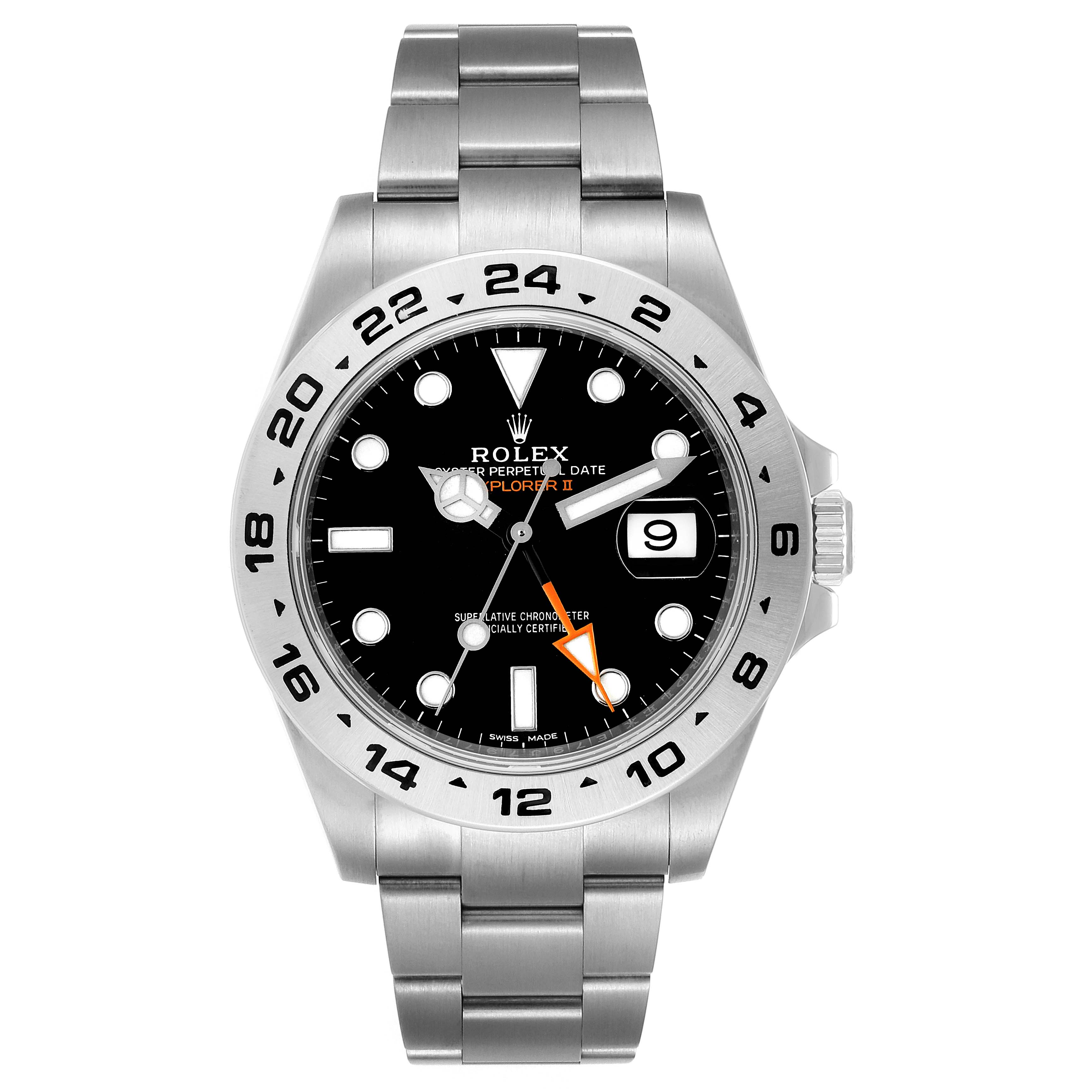 The image shows a front view of the Rolex Explorer 216570 Men's Stainless Steel Black Dial 216570 Men's Stainless Steel Black Dial watch, displaying the dial, hands, bezel, and bracelet.
