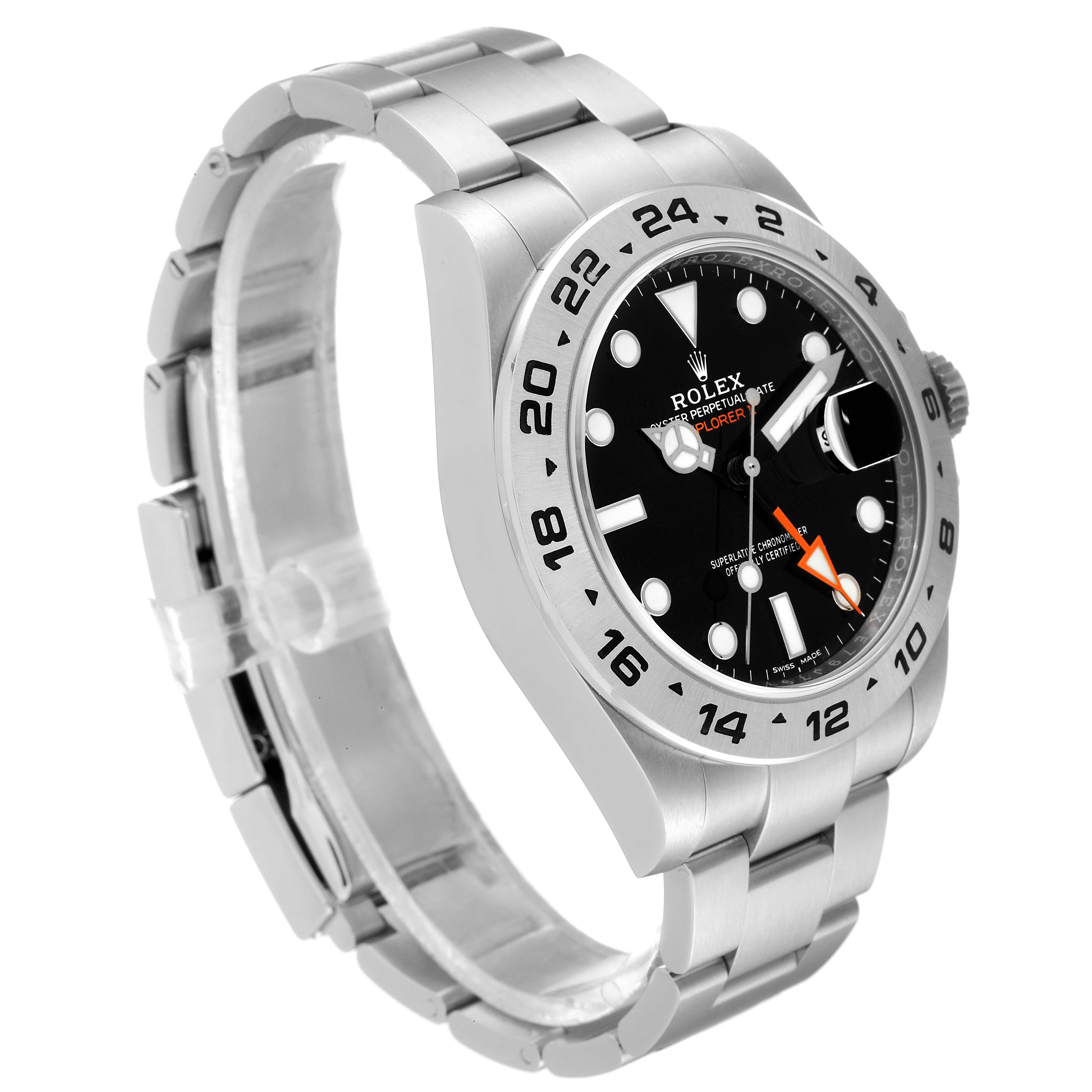 This image shows the front and left side of the Rolex Explorer 216570 Men's Stainless Steel Black Dial 216570 Men's Stainless Steel Black Dial, highlighting its bracelet, dial, and bezel.