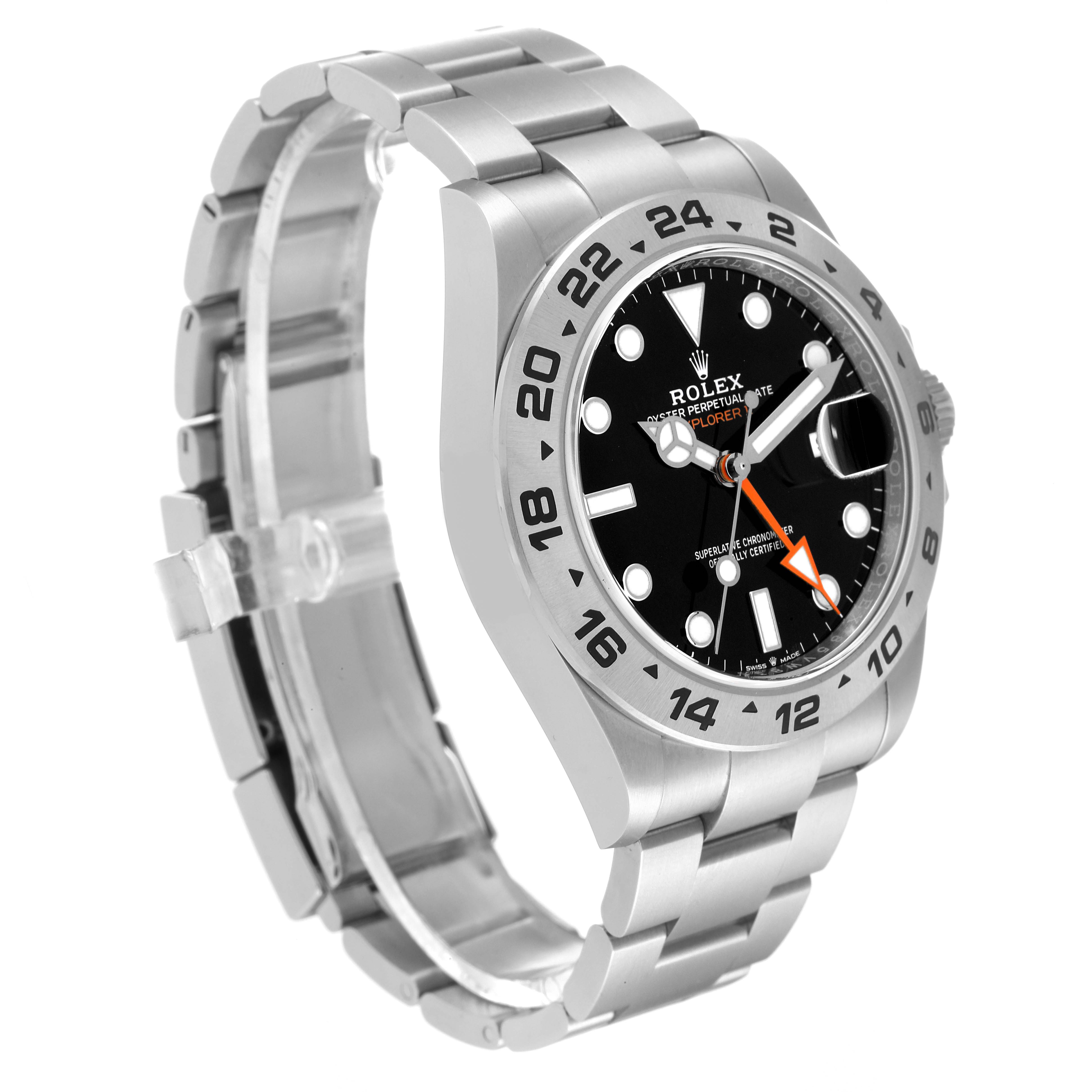 The image shows a Rolex Explorer Men's Stainless Steel Black Dial Men's Stainless Steel Black Dial watch at a 3/4 angle, highlighting its face, bezel, crown, and bracelet.