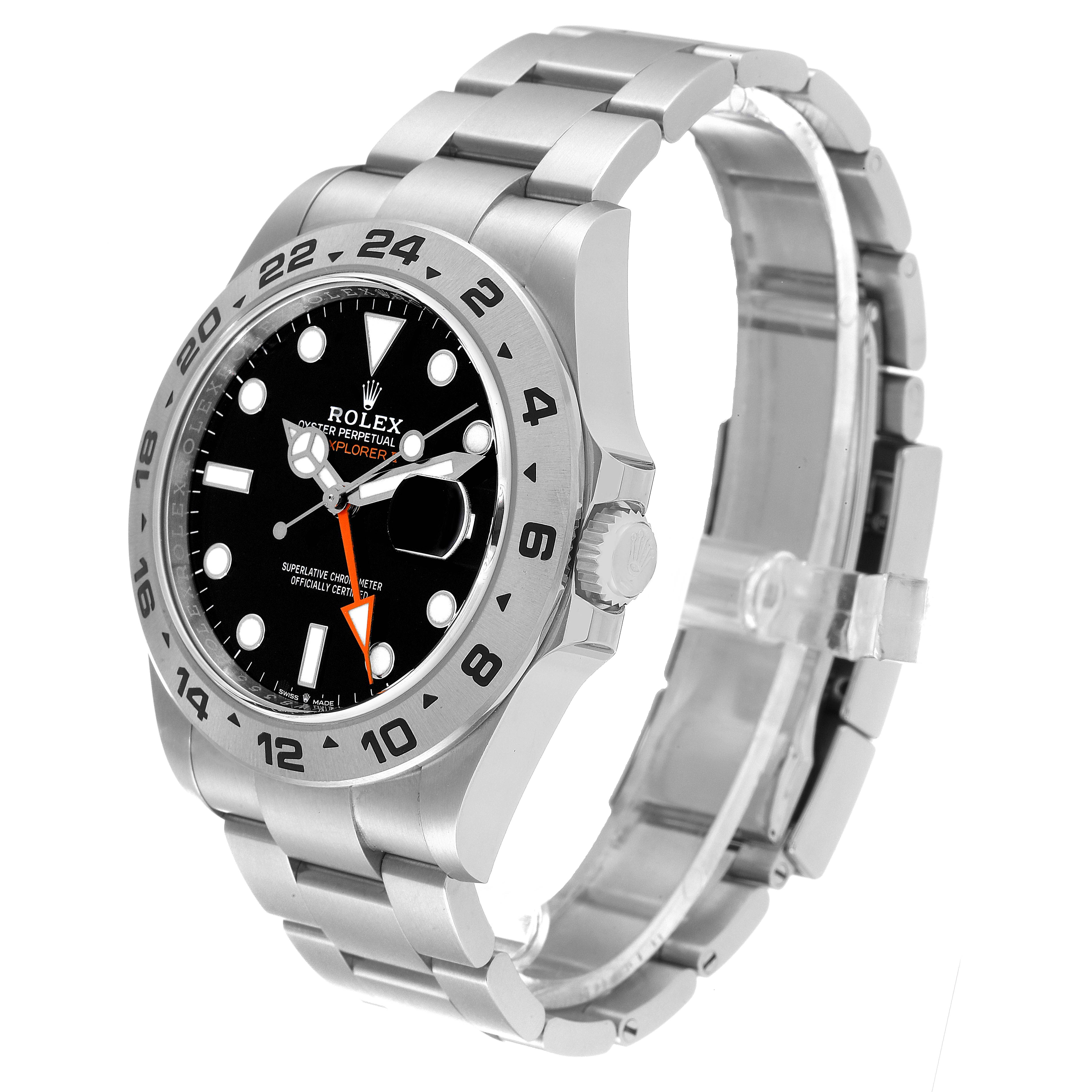 The Rolex Explorer Men's Stainless Steel Black Dial Men's Stainless Steel Black Dial watch is shown at a slight angle, clearly displaying its face, bezel, crown, and bracelet.