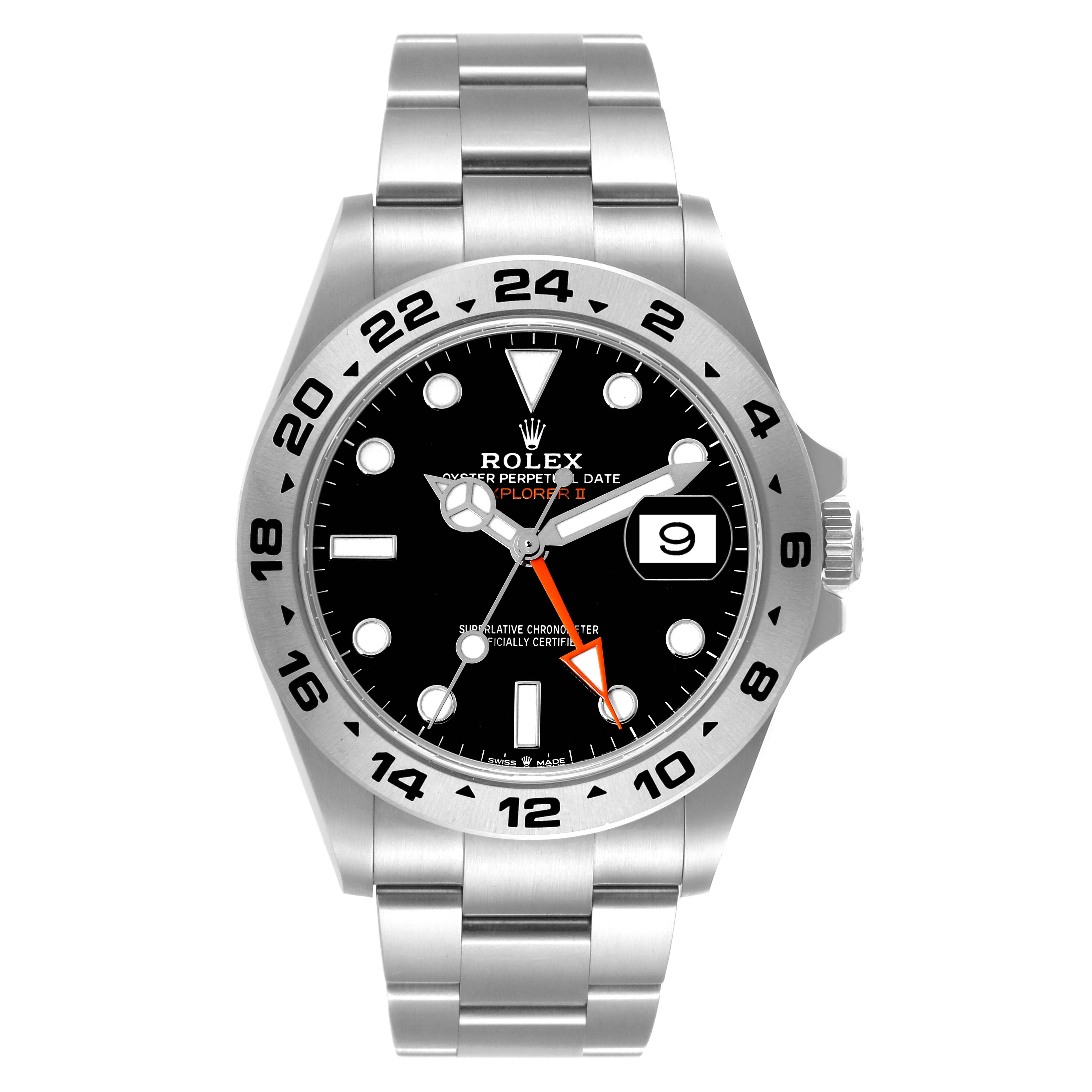 This image shows a front view of the Rolex Explorer Men's Stainless Steel Black Dial Men's Stainless Steel Black Dial watch, highlighting its dial, case, bezel, and stainless steel bracelet.