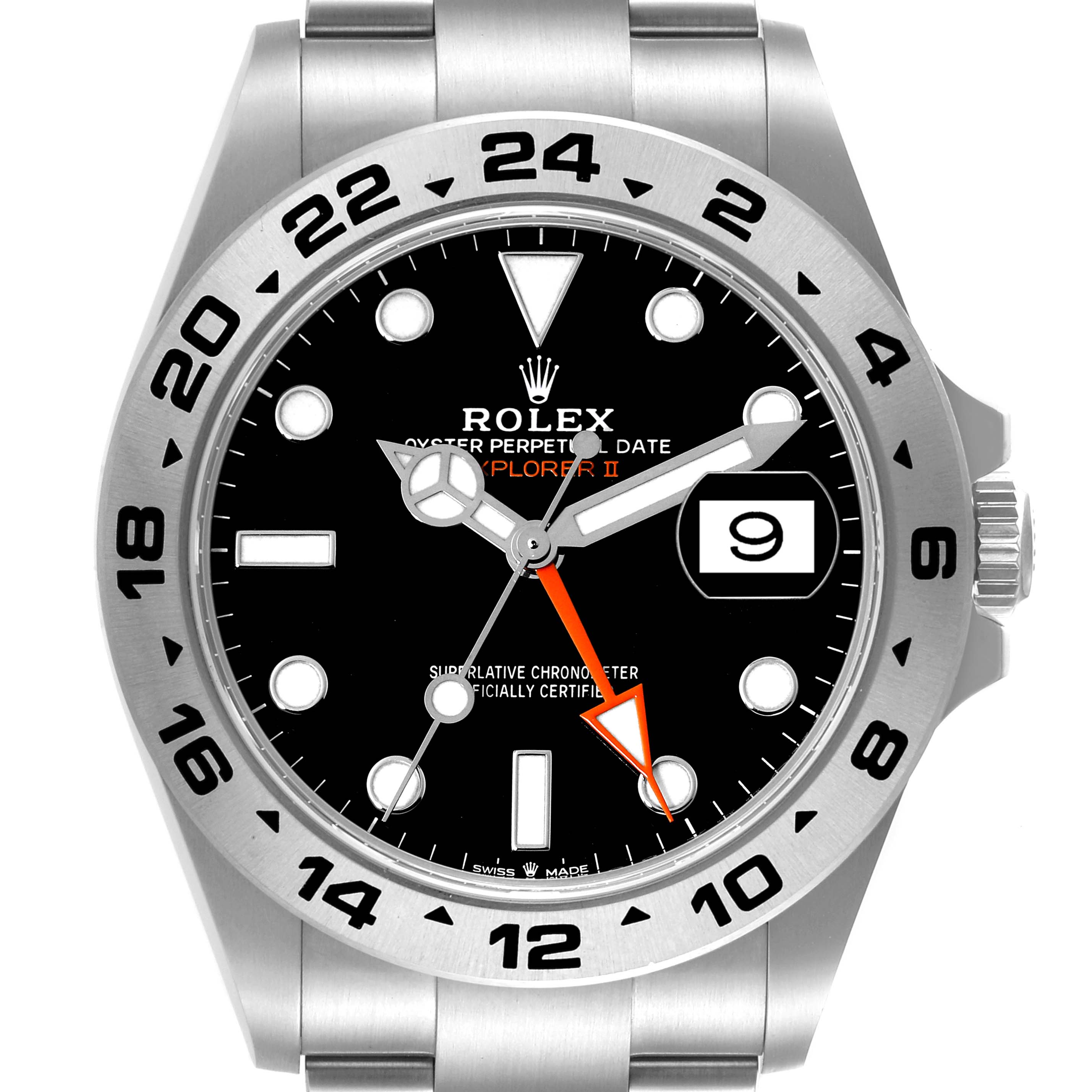 This image shows the front view of the Rolex Explorer Men's Stainless Steel Black Dial Men's Stainless Steel Black Dial watch, highlighting the dial, bezel, and part of the bracelet.