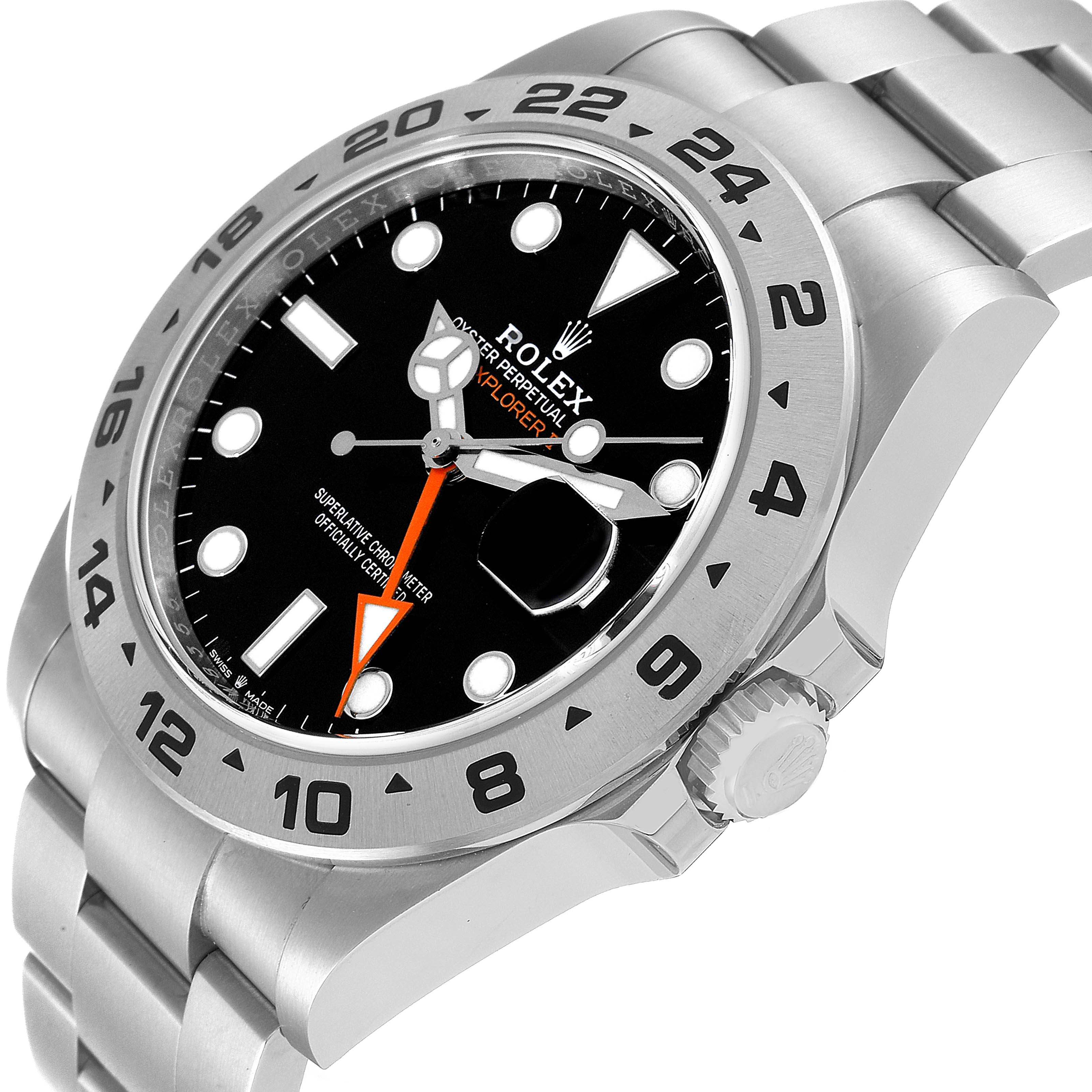 The image shows a Rolex Explorer Men's Stainless Steel Black Dial Men's Stainless Steel Black Dial watch at an angle highlighting its black dial, bezel, and stainless steel bracelet.