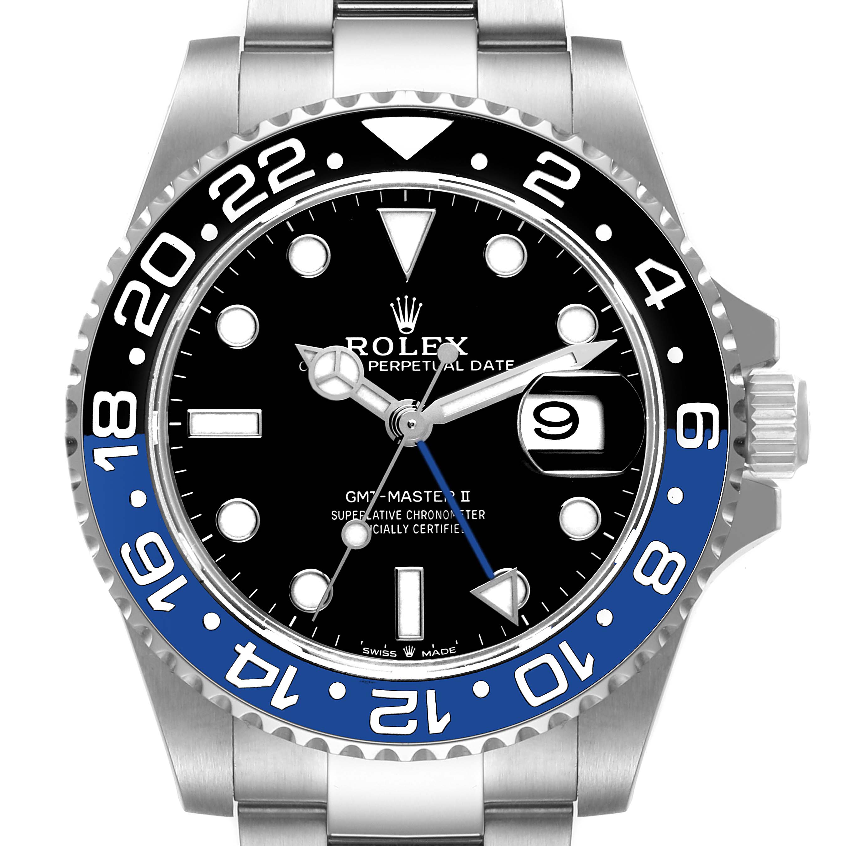 The image shows a frontal view of a Rolex GMT-Master 116710 Men
s Stainless Steel Black Dial 116710 Men
s Stainless Steel Black Dial II watch, displaying its black and blue bezel, dial, and bracelet.