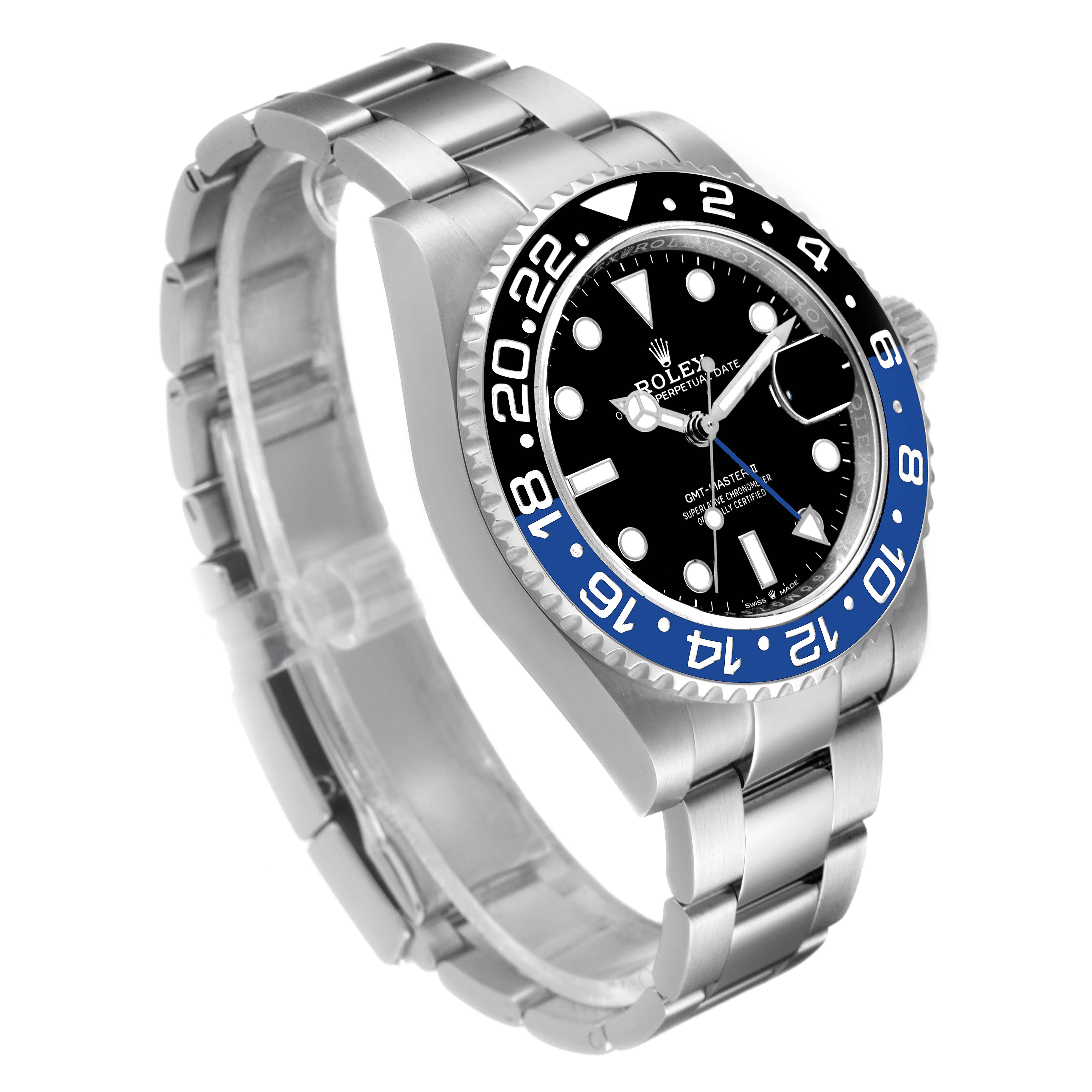 This Rolex GMT-Master 116710 Men
s Stainless Steel Black Dial 116710 Men
s Stainless Steel Black Dial watch is shown at an angled side view, displaying the bezel, dial, and bracelet.