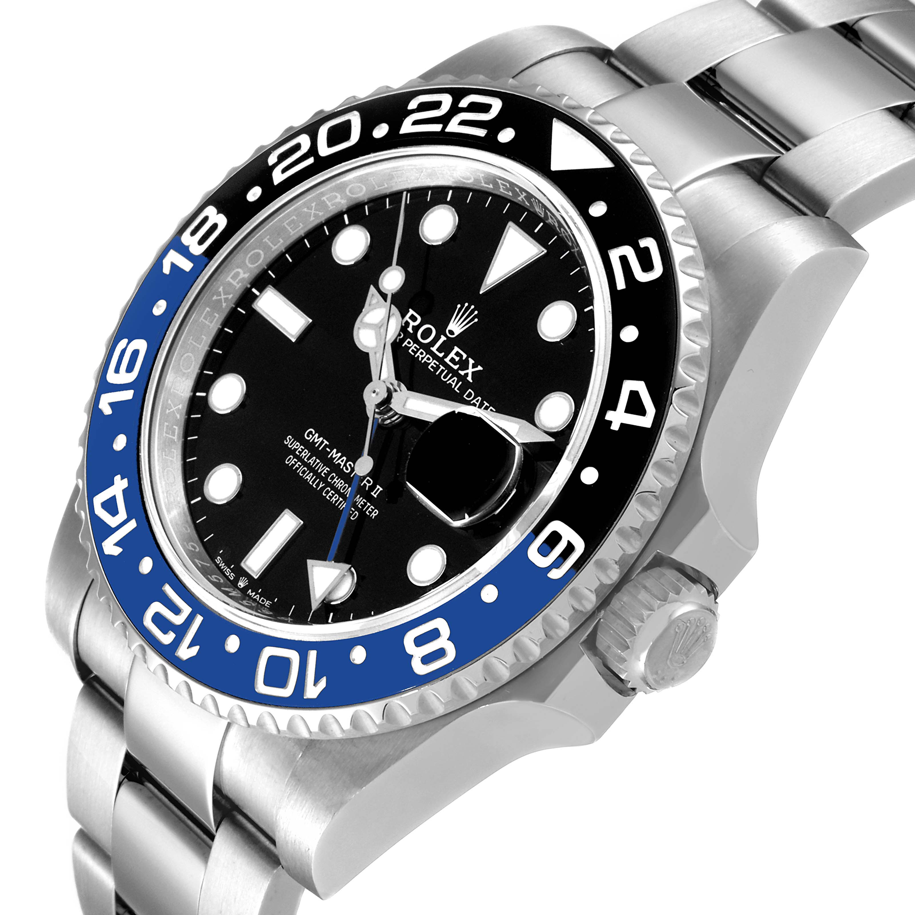 The image shows a close-up angle of the Rolex GMT-Master 116710 Men
s Stainless Steel Black Dial 116710 Men
s Stainless Steel Black Dial II watch, focusing on the bezel, dial, and part of the bracelet.