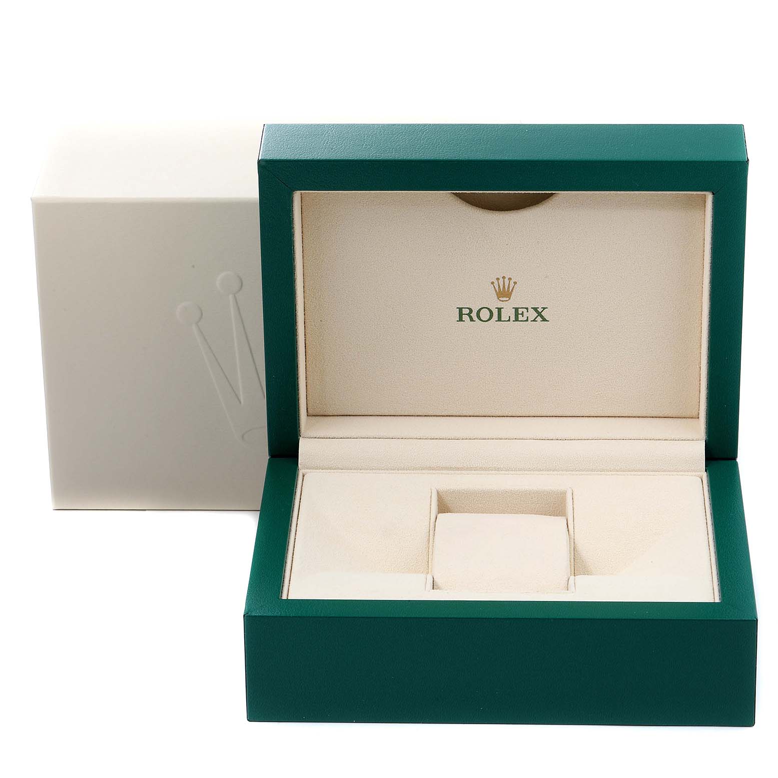 The image shows an open green Rolex box, typically used to store the GMT-Master watch model, brand marked inside the lid.