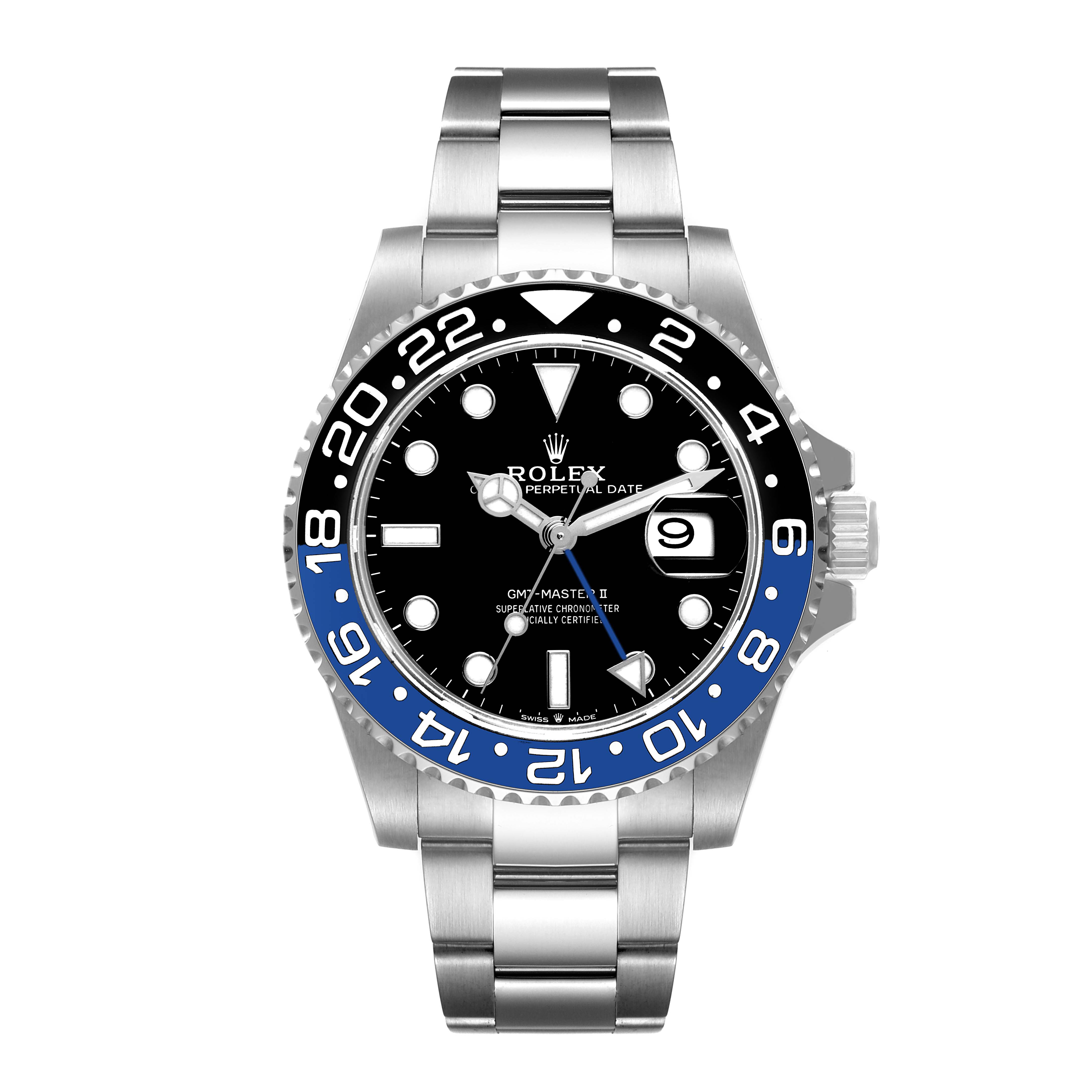 The image shows a front view of a Rolex GMT-Master 116710 Men
s Stainless Steel Black Dial 116710 Men
s Stainless Steel Black Dial II watch with a black and blue bezel, black dial, and stainless steel bracelet.