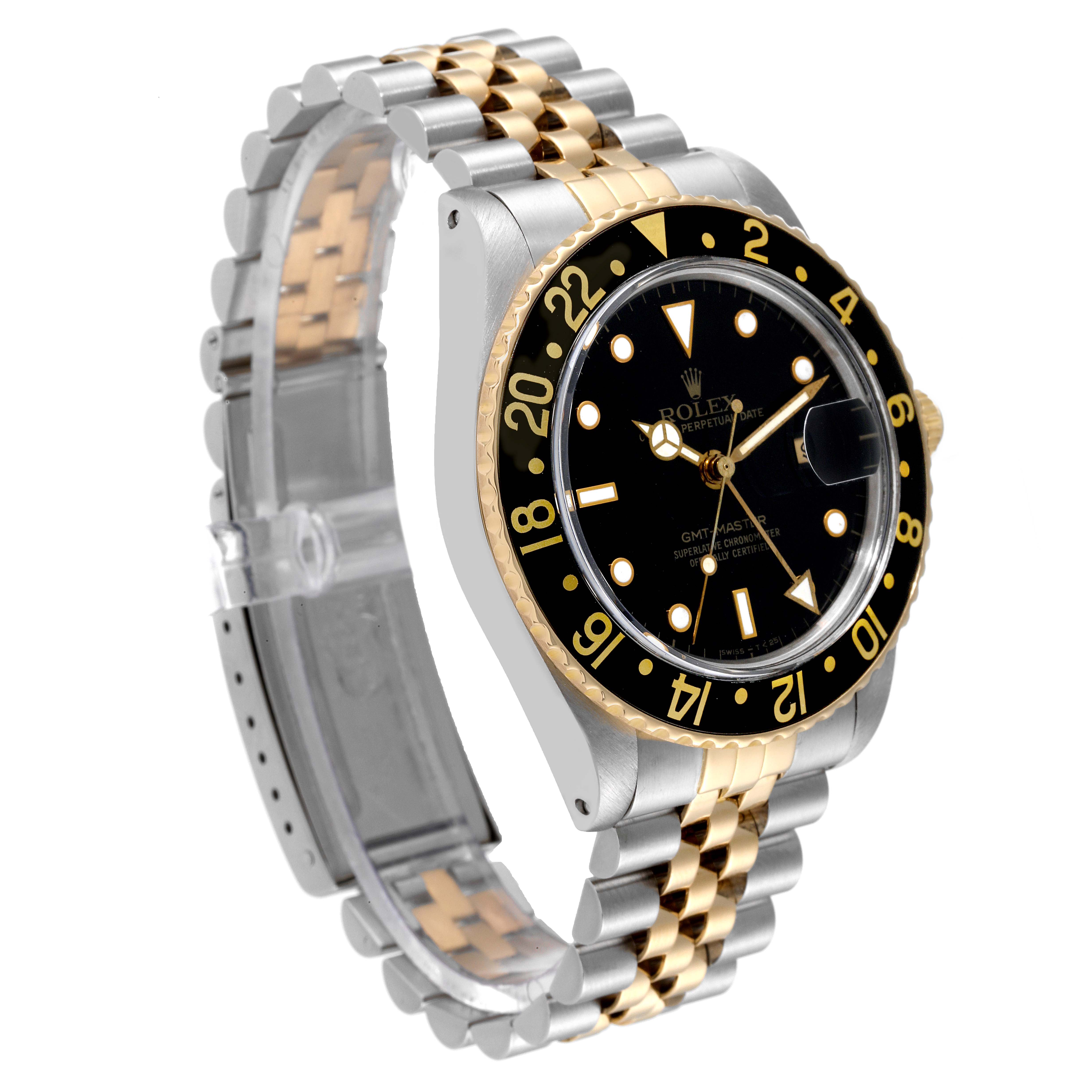 This Rolex GMT-Master 16753 Men's Stainless Steel Black Dial 16753 Men's Stainless Steel Black Dial watch is shown at a slight angle, highlighting the bezel, dial, case, and two-tone bracelet.