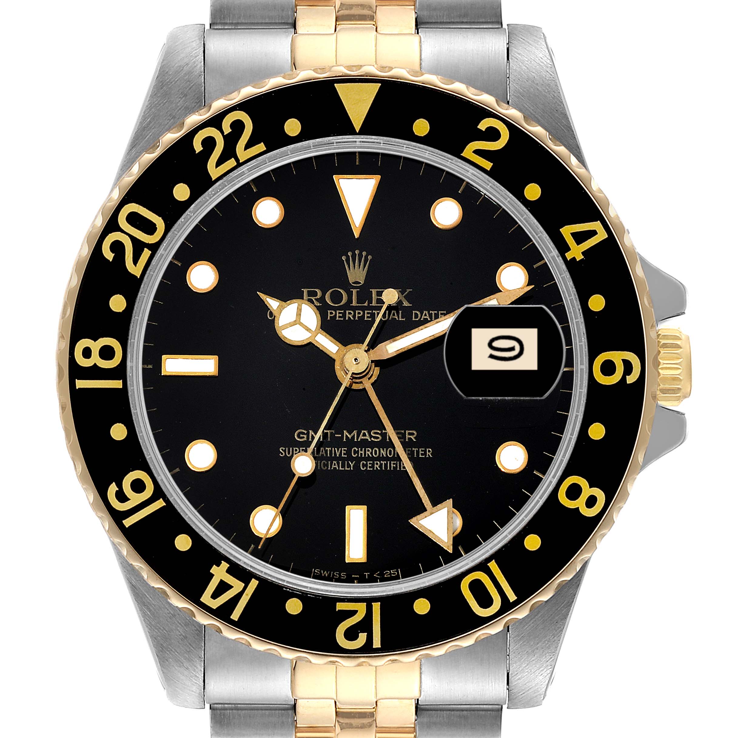 The Rolex GMT-Master 16753 Men's Stainless Steel Black Dial 16753 Men's Stainless Steel Black Dial watch is shown from a top-down angle, displaying the bezel, dial, crown, and part of the bracelet.