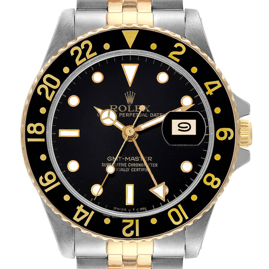 Rolex GMT Master Steel Yellow Gold Black Dial Vintage Mens Watch 16753 SwissWatchExpo