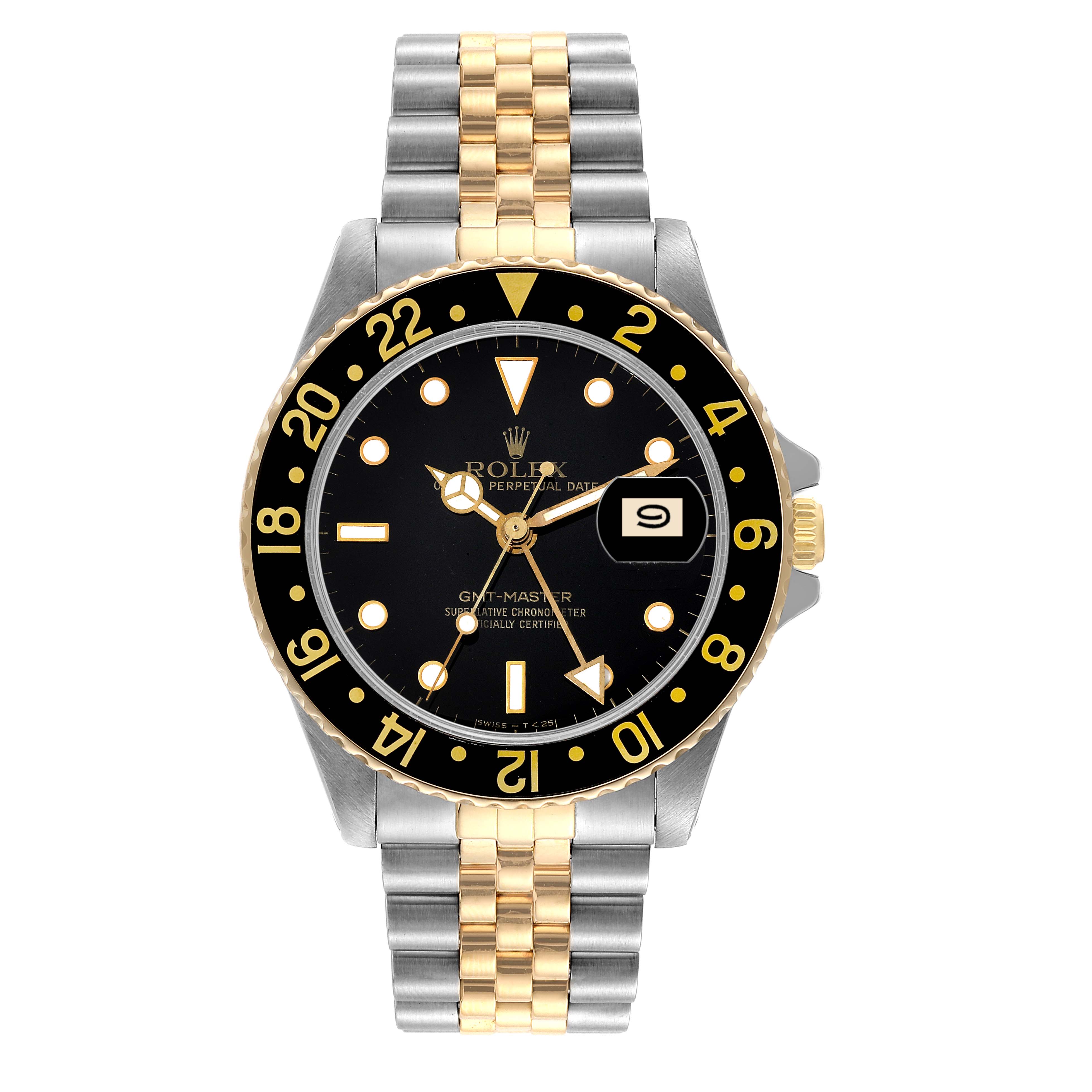 The Rolex GMT-Master 16753 Men's Stainless Steel Black Dial 16753 Men's Stainless Steel Black Dial watch is shown from a top-down angle, highlighting the dial, bezel, and two-tone bracelet.