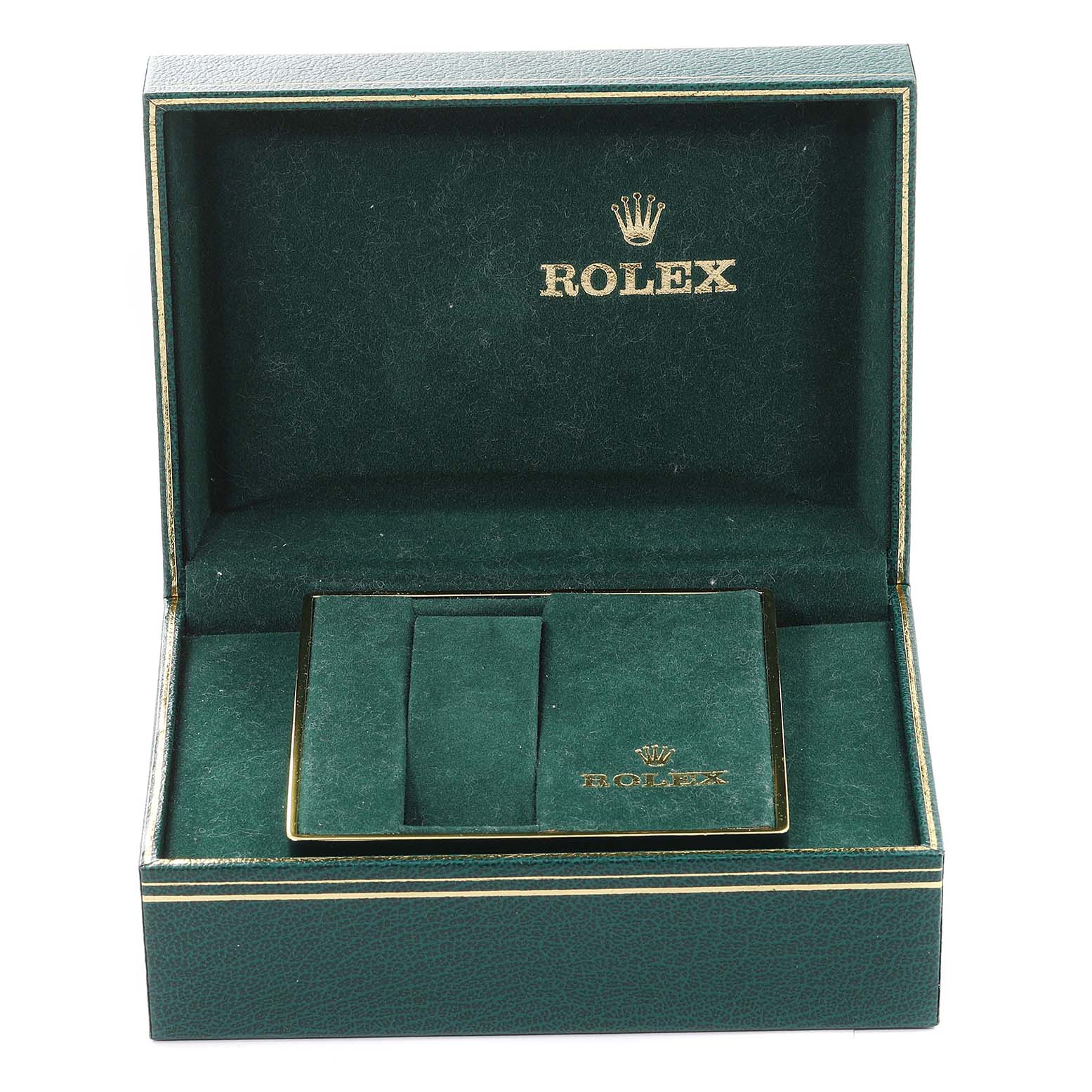 The image shows a green Rolex box for the GMT-Master model, viewed open from the front.