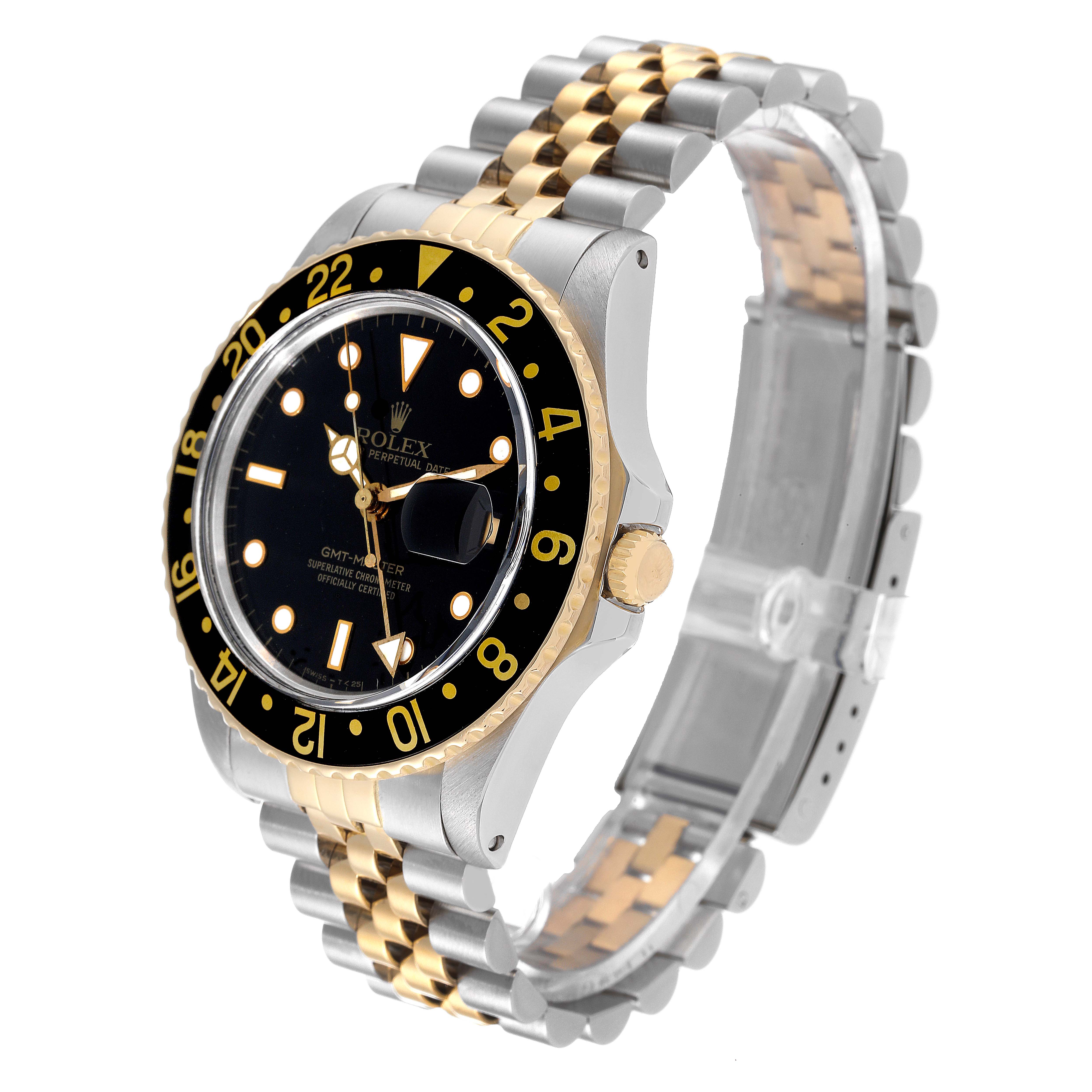 The image shows a side angle of a Rolex GMT-Master 16753 Men's Stainless Steel Black Dial 16753 Men's Stainless Steel Black Dial watch, highlighting the face, bezel, crown, and two-tone bracelet.