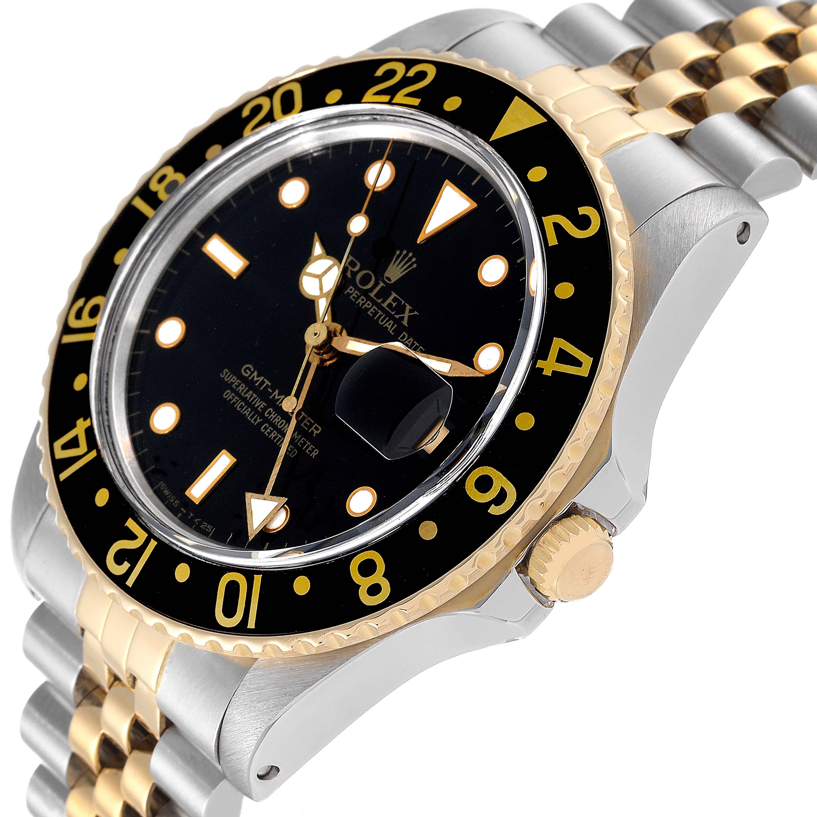 The image shows a side angle view of the Rolex GMT-Master 16753 Men's Stainless Steel Black Dial 16753 Men's Stainless Steel Black Dial watch, highlighting its black dial, two-tone bezel, and jubilee bracelet.