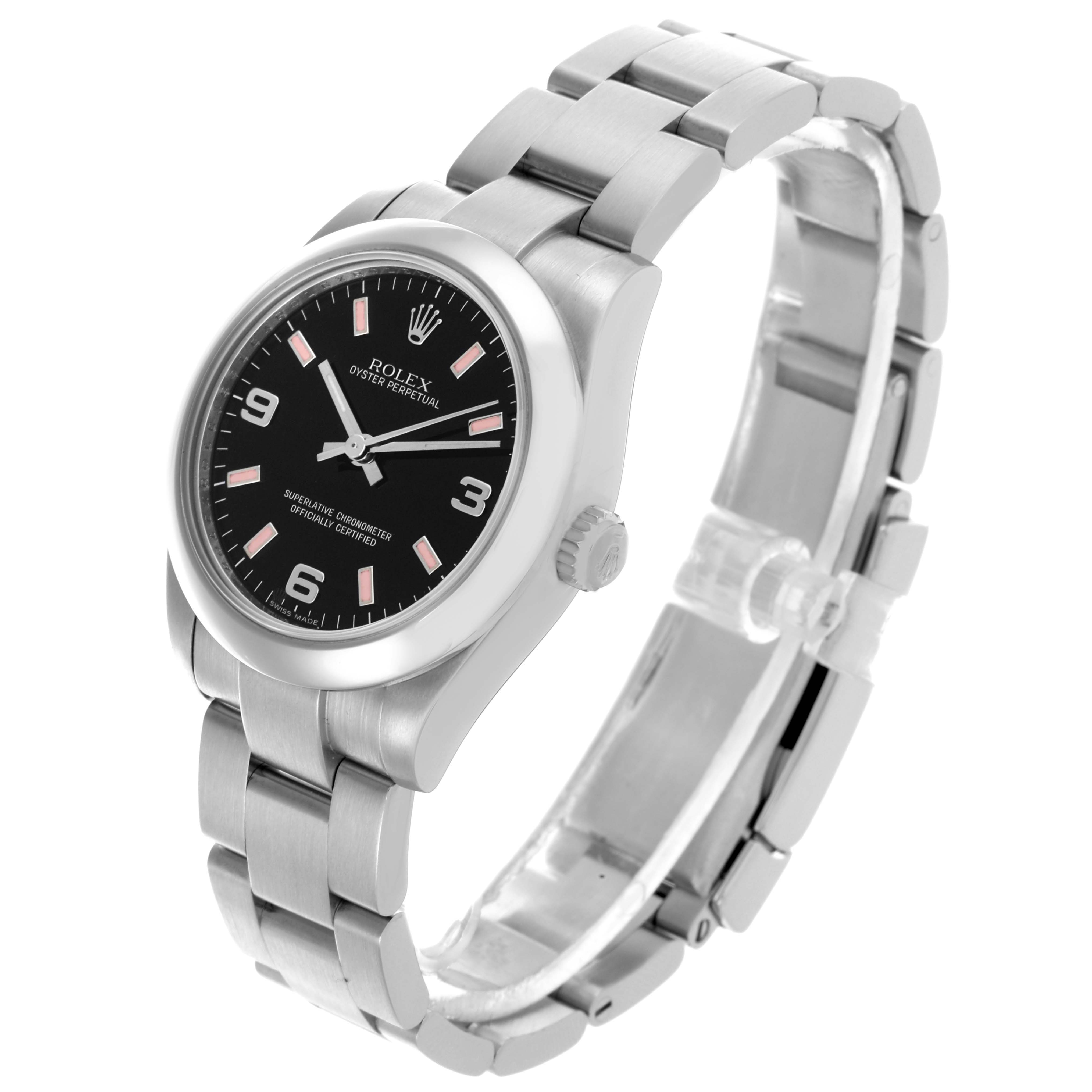 The Rolex Mid-Size 177200 Women's Stainless Steel Black Dial 177200 Women's Stainless Steel Black Dial model watch is shown at a three-quarter angle, displaying the dial, bezel, case, and bracelet.