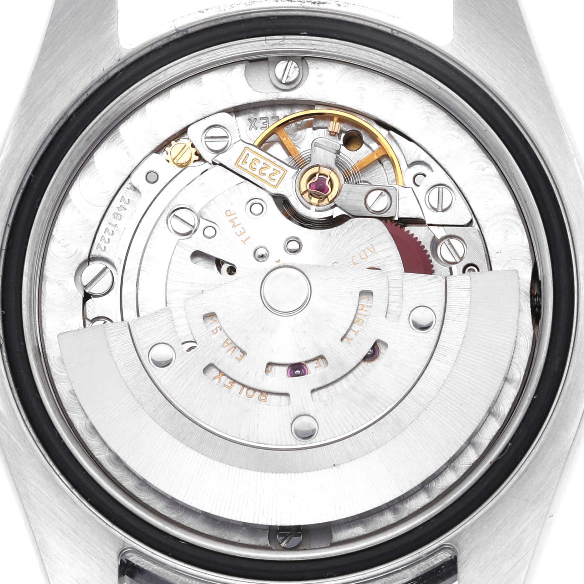 The image shows the internal movement mechanism of a Rolex Mid-Size 177200 Women's Stainless Steel Black Dial 177200 Women's Stainless Steel Black Dial watch from a back view.