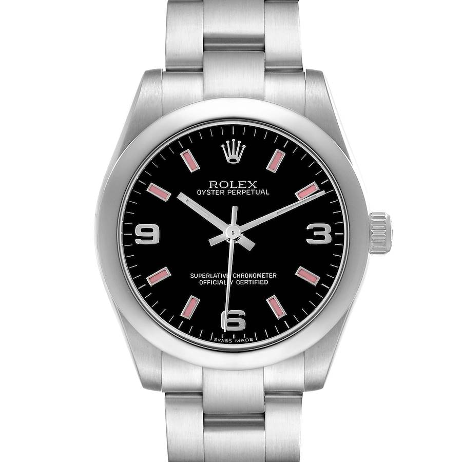 The Rolex Mid-Size Oyster Perpetual watch is shown from a front angle, displaying the face, bezel, and bracelet.