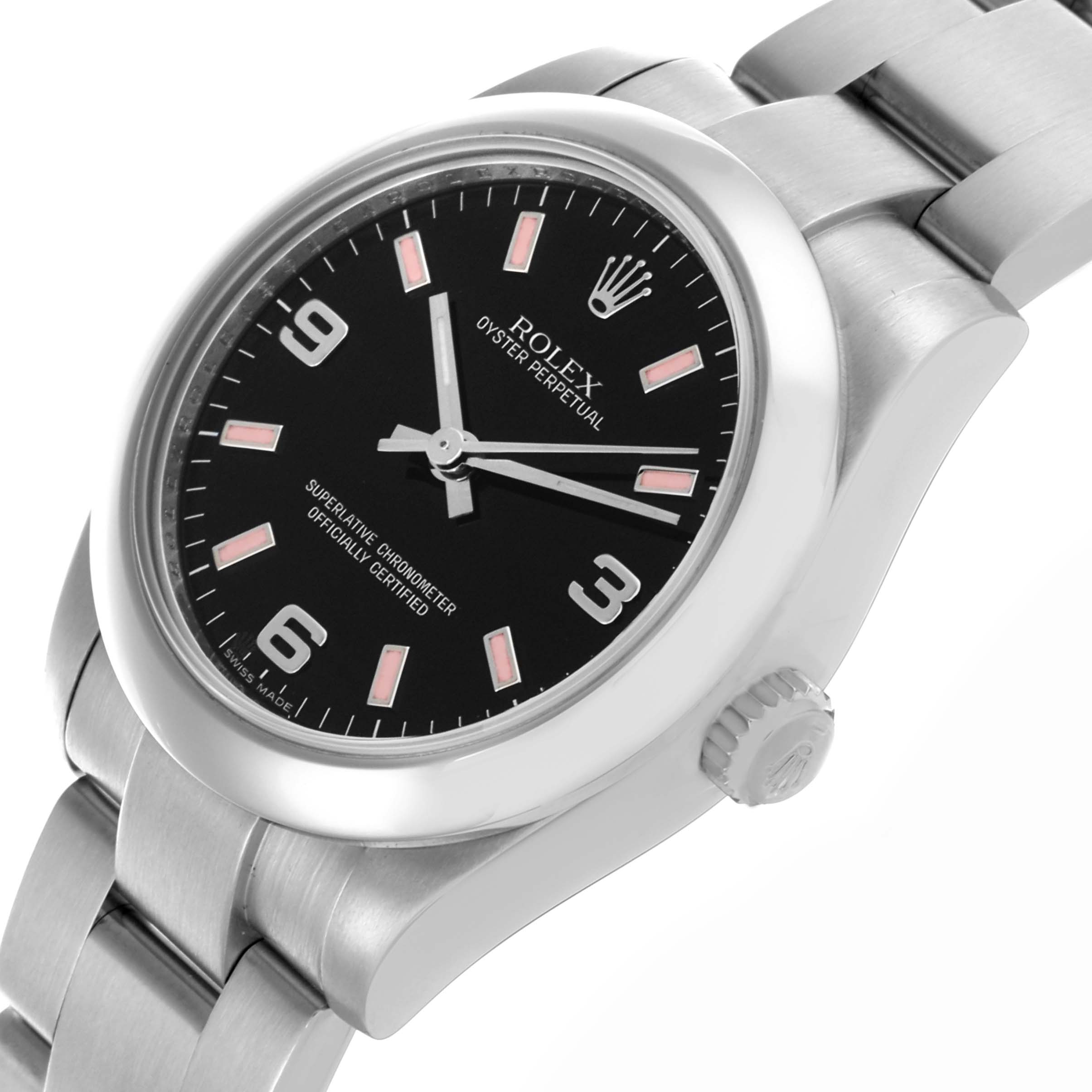 The Rolex Oyster Perpetual Mid-Size watch is shown at an angled view, highlighting the dial, bezel, case, and bracelet.