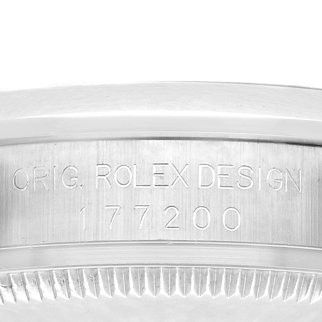 The image shows the engraved case side of a Rolex Mid-Size 177200 Women's Stainless Steel Black Dial 177200 Women's Stainless Steel Black Dial watch, featuring the model number 177200.
