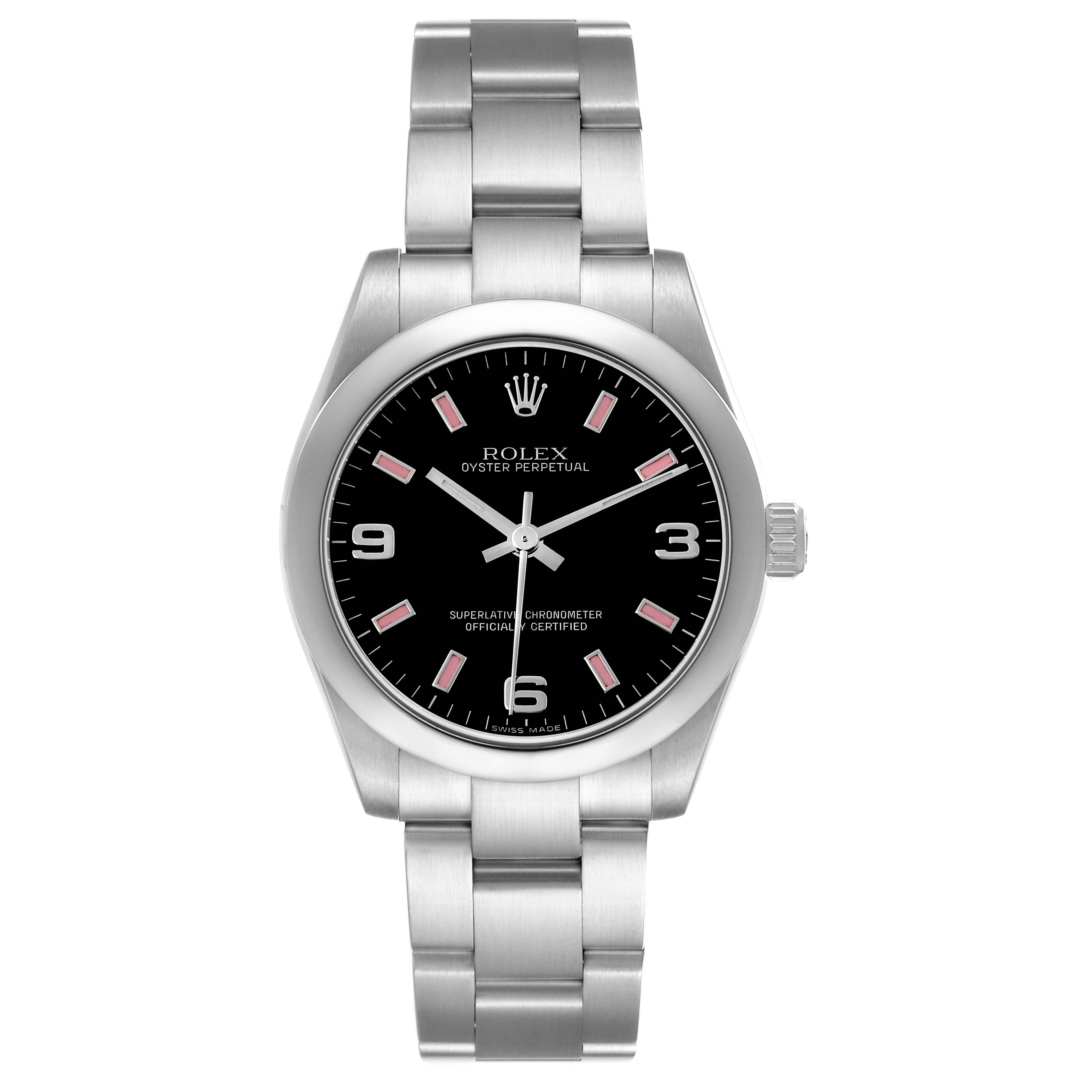 The Rolex Mid-Size 177200 Women's Stainless Steel Black Dial 177200 Women's Stainless Steel Black Dial Oyster Perpetual watch is shown from a front view, displaying the dial, bezel, case, and bracelet.