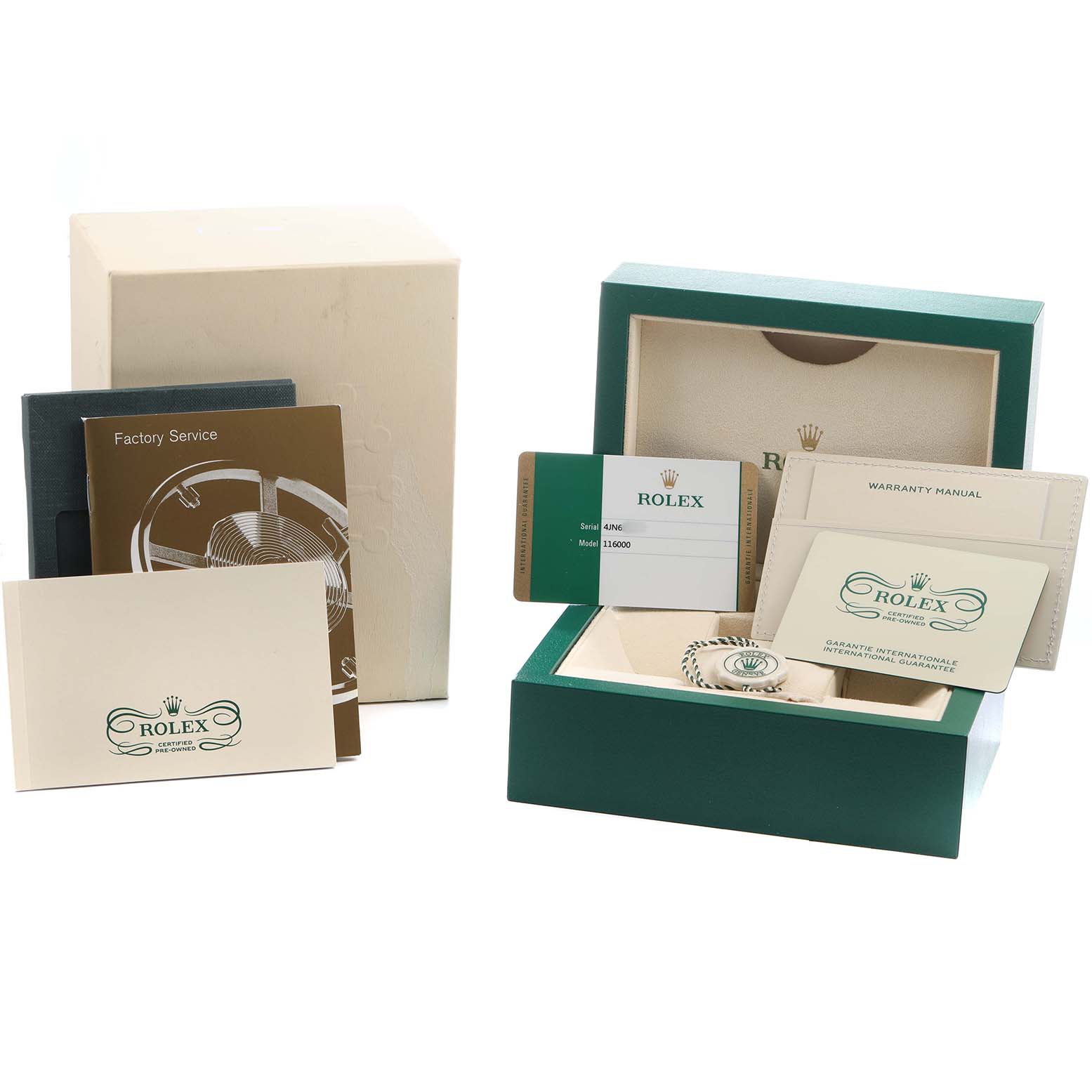 The image shows the Rolex Oyster Perpetual 116000 Men's Stainless Steel Blue Dial packaging, warranty cards, manuals, and other accessories.