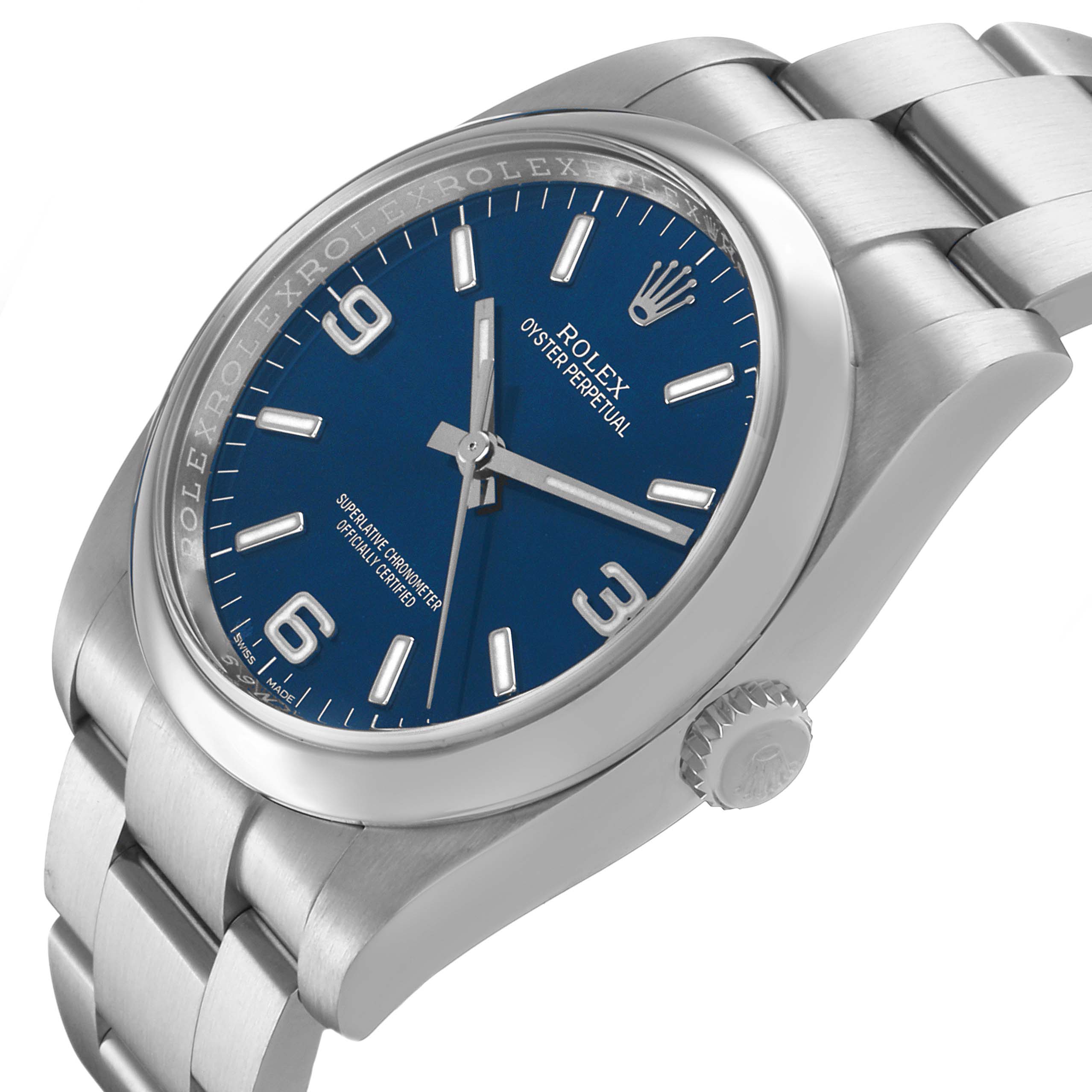 The Rolex Oyster Perpetual 116000 Men's Stainless Steel Blue Dial watch is shown at a slight angle displaying the blue dial, bezel, crown, and bracelet.