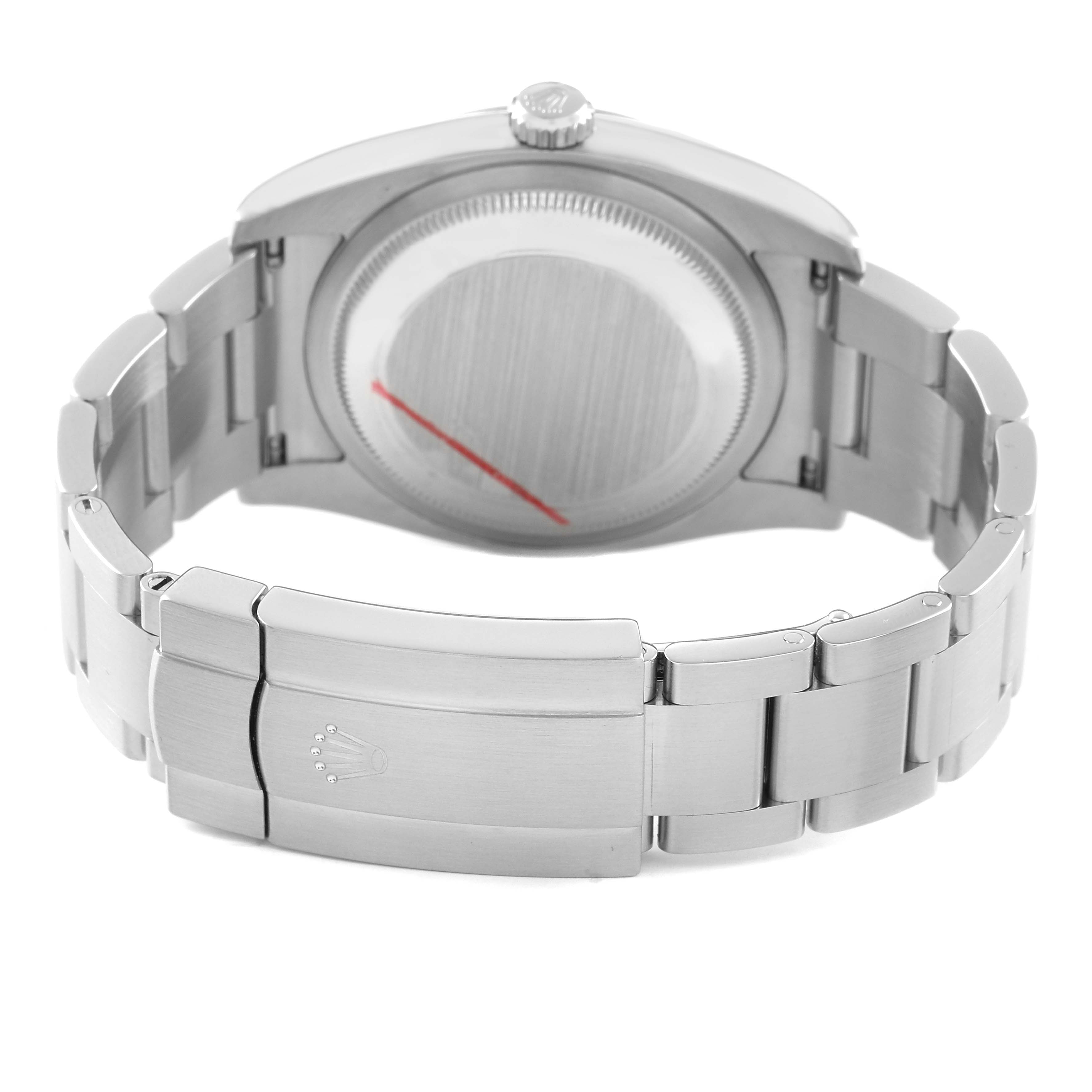 The image shows the back and bracelet clasp of a Rolex Oyster Perpetual 116000 Men's Stainless Steel Blue Dial watch.