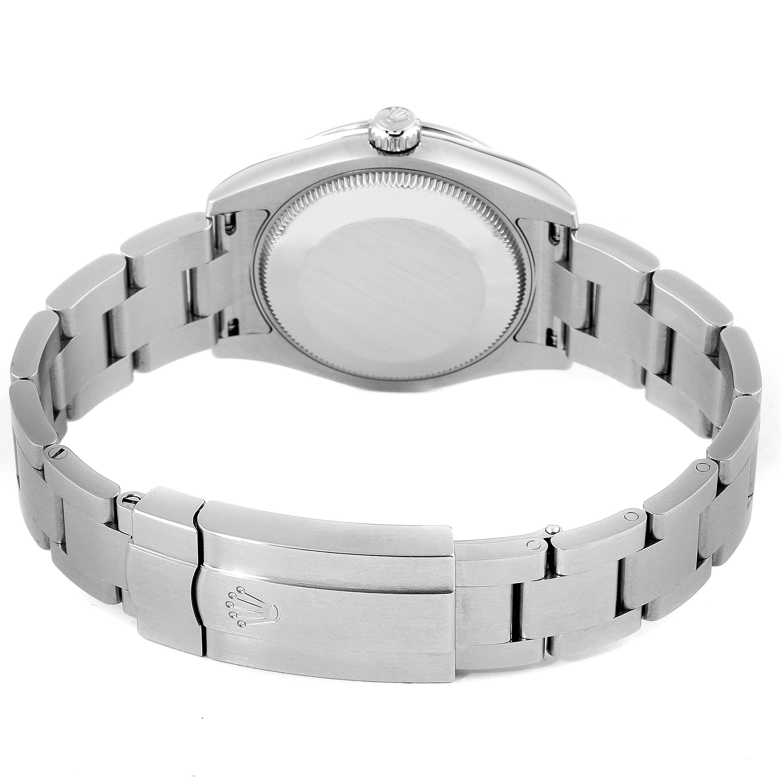 The image shows the back view of a Rolex Mid-Size 177200 Women's Stainless Steel Burgundy Dial 177200 Women's Stainless Steel Burgundy Dial model watch, highlighting its case back, bracelet, and clasp.