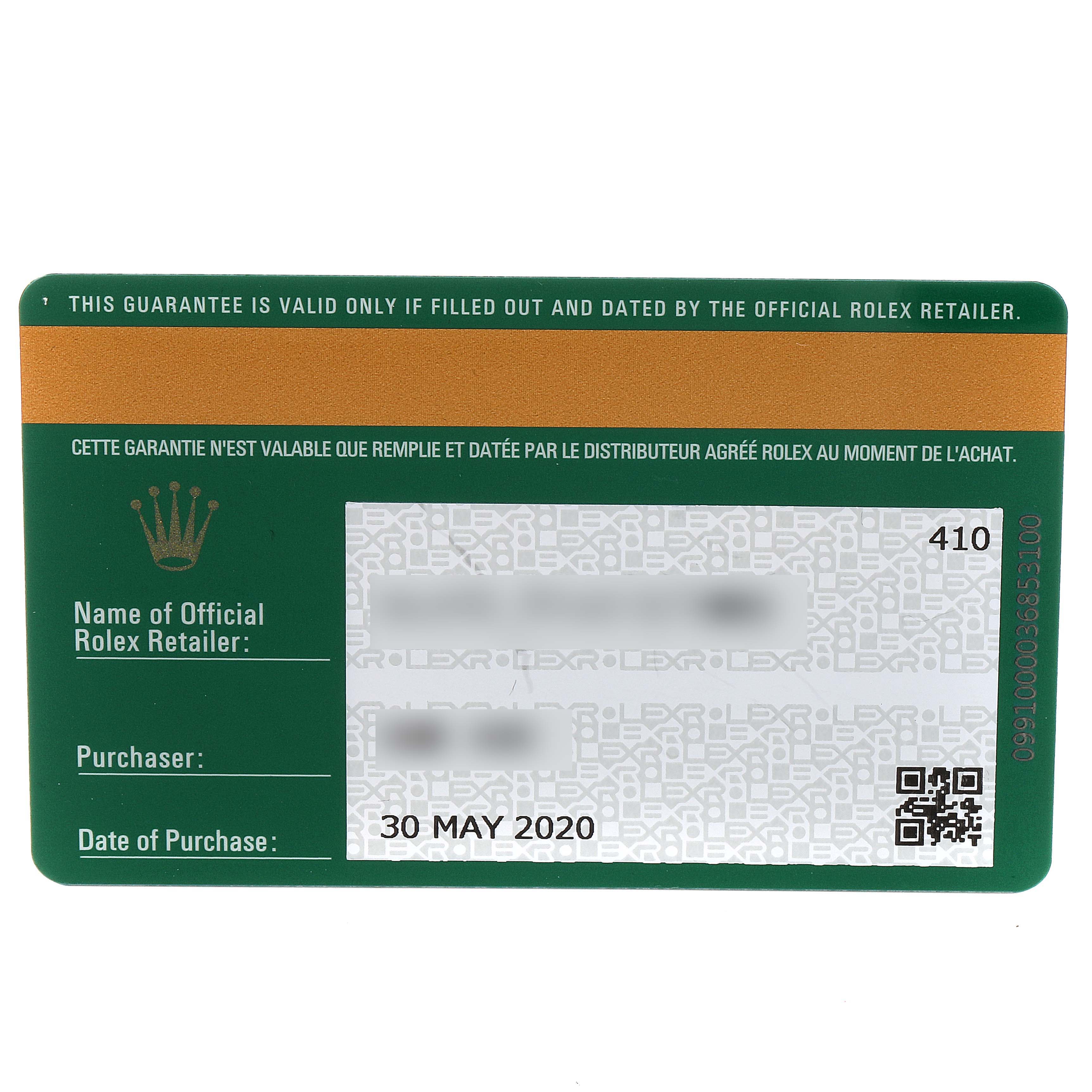 The image shows a guarantee card for a Mid-Size Rolex watch, including the brand logo, retailer information, and the date of purchase.