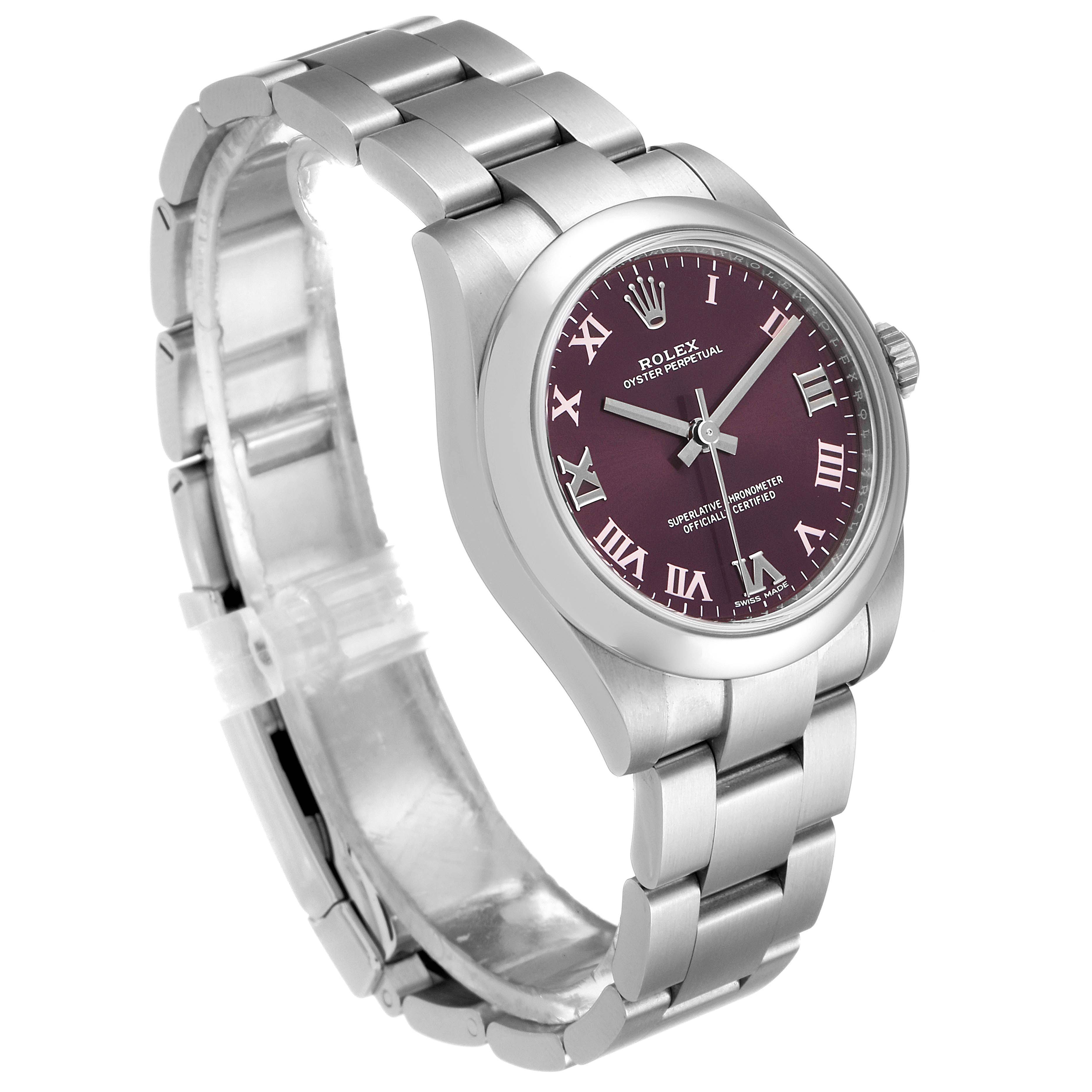 The image shows a mid-size Rolex watch with a purple dial at a three-quarter angle.