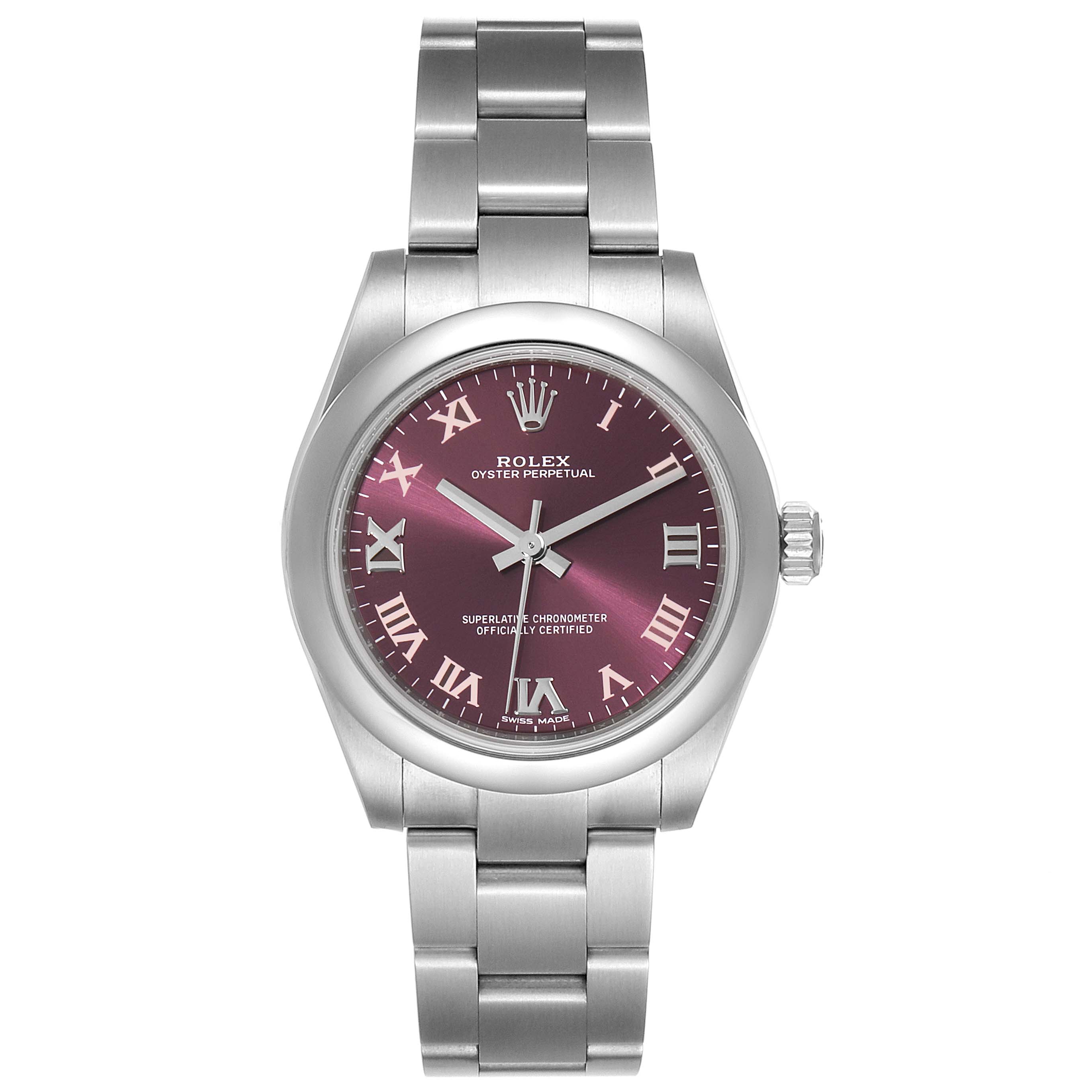 The image shows a front view of a Rolex Oyster Perpetual Mid-Size watch featuring a purple dial and stainless steel bracelet.