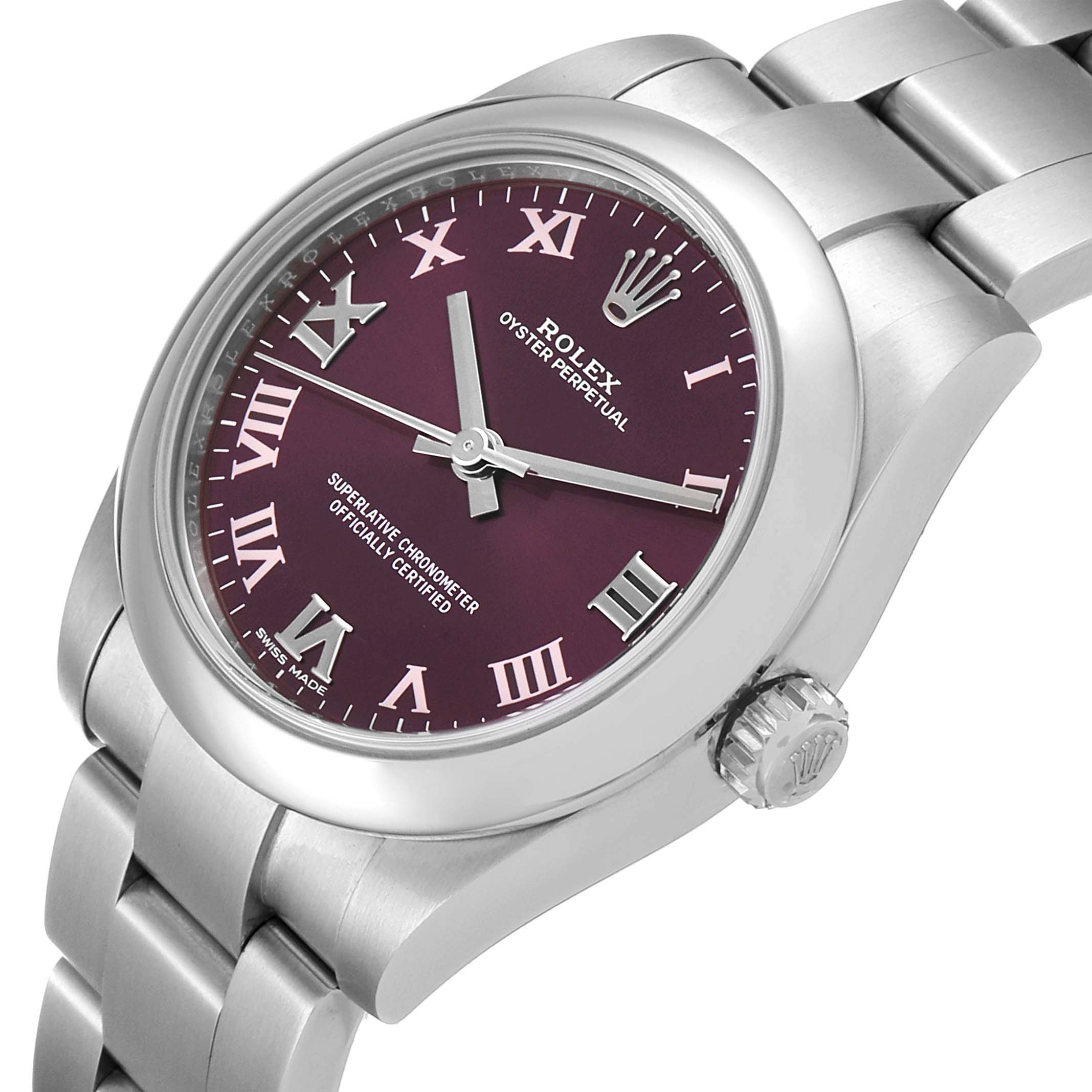 The image shows the Rolex Mid-Size 177200 Women's Stainless Steel Burgundy Dial 177200 Women's Stainless Steel Burgundy Dial Oyster Perpetual watch at an angled view, highlighting the dial, bezel, crown, and part of the bracelet.