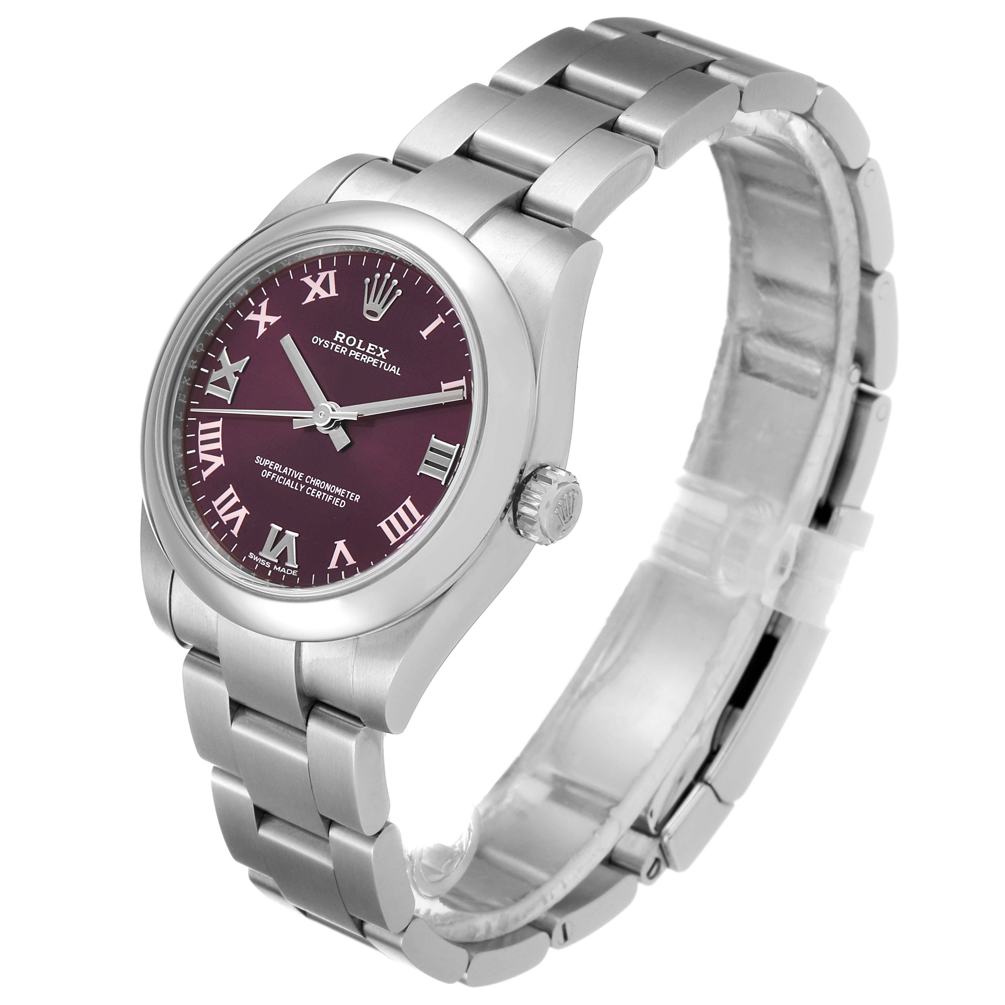 This Rolex Mid-Size 177200 Women's Stainless Steel Burgundy Dial 177200 Women's Stainless Steel Burgundy Dial watch is shown at a slight angle, displaying its face, bezel, case, bracelet, and crown.