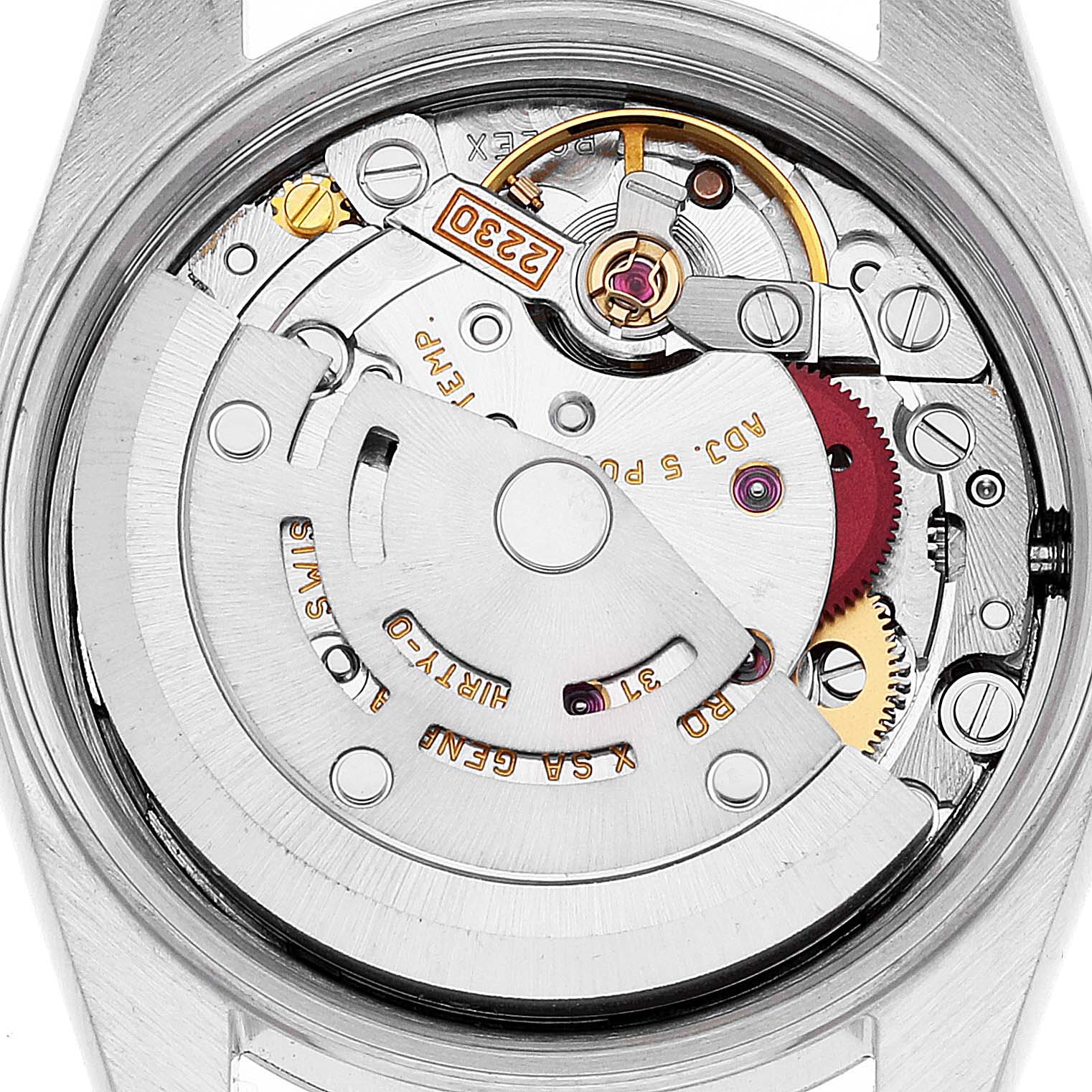 The image shows the internal mechanism of a Rolex Oyster Perpetual 76080 Women
s Stainless Steel Pink Dial 76080 Women
s Stainless Steel Pink Dial watch from a top-down angle.