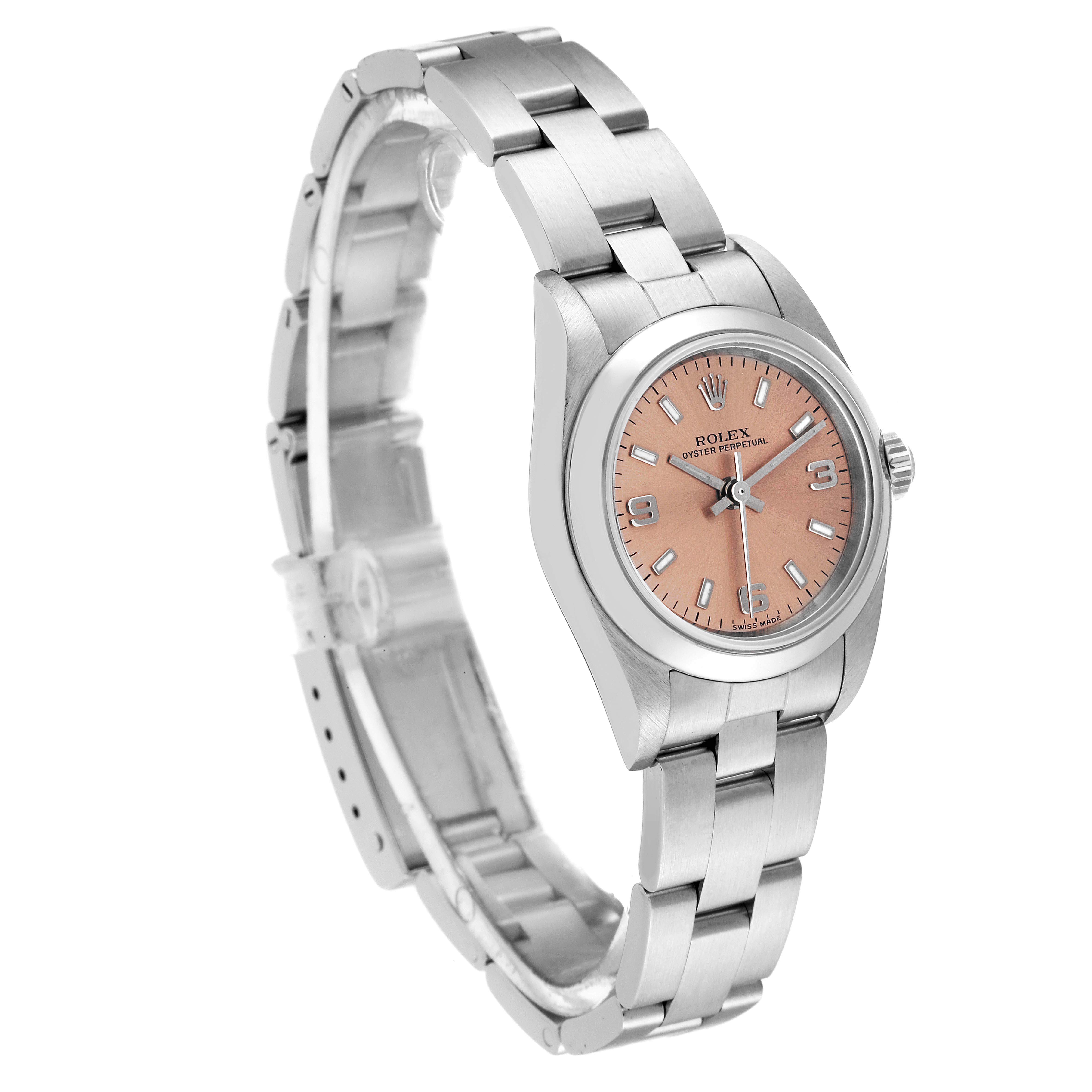 This image shows a side view of a Rolex Oyster Perpetual 76080 Women
s Stainless Steel Pink Dial 76080 Women
s Stainless Steel Pink Dial watch, highlighting its bracelet and pink dial.