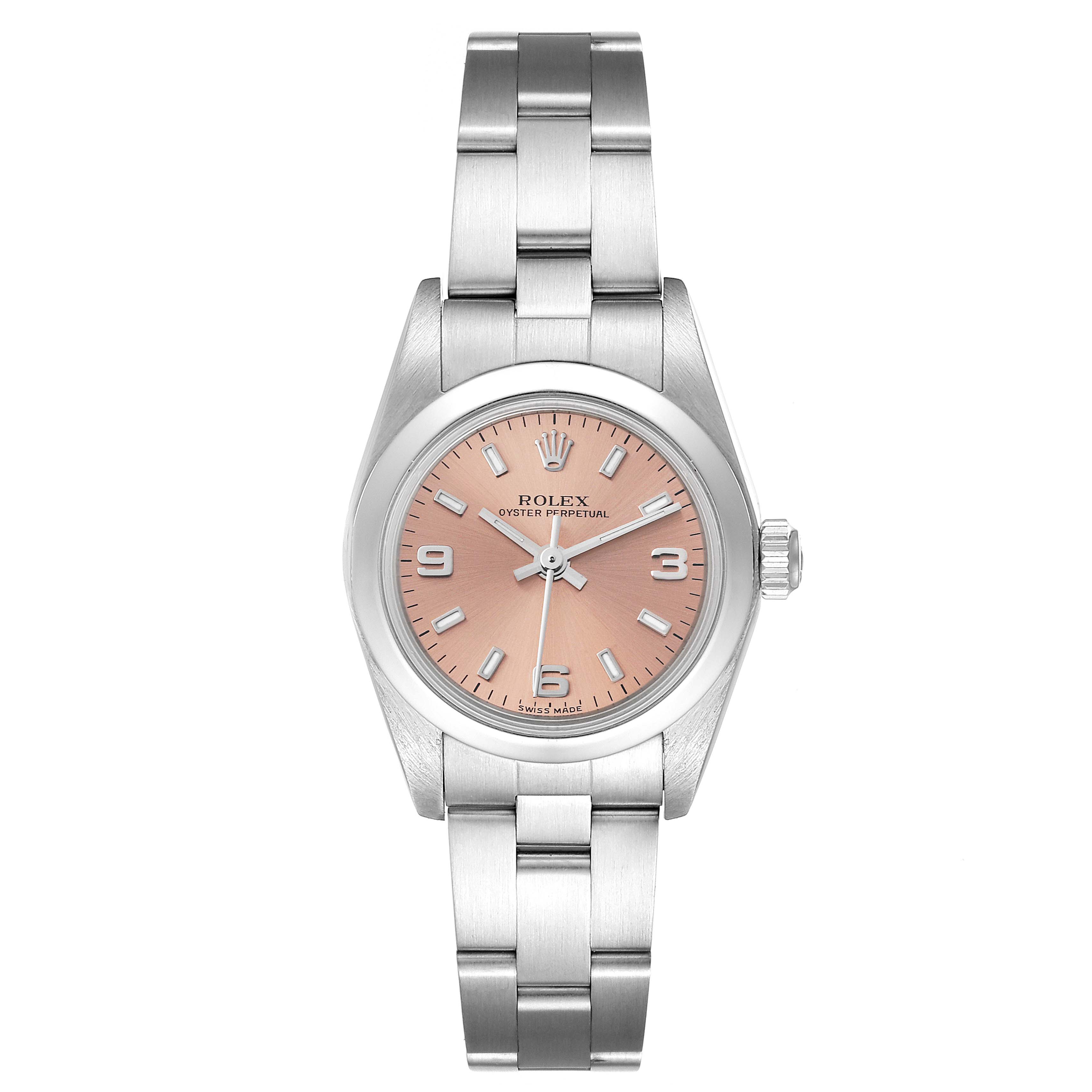 The image shows a front view of the Rolex Oyster Perpetual 76080 Women
s Stainless Steel Pink Dial 76080 Women
s Stainless Steel Pink Dial watch, highlighting its dial, case, and bracelet.