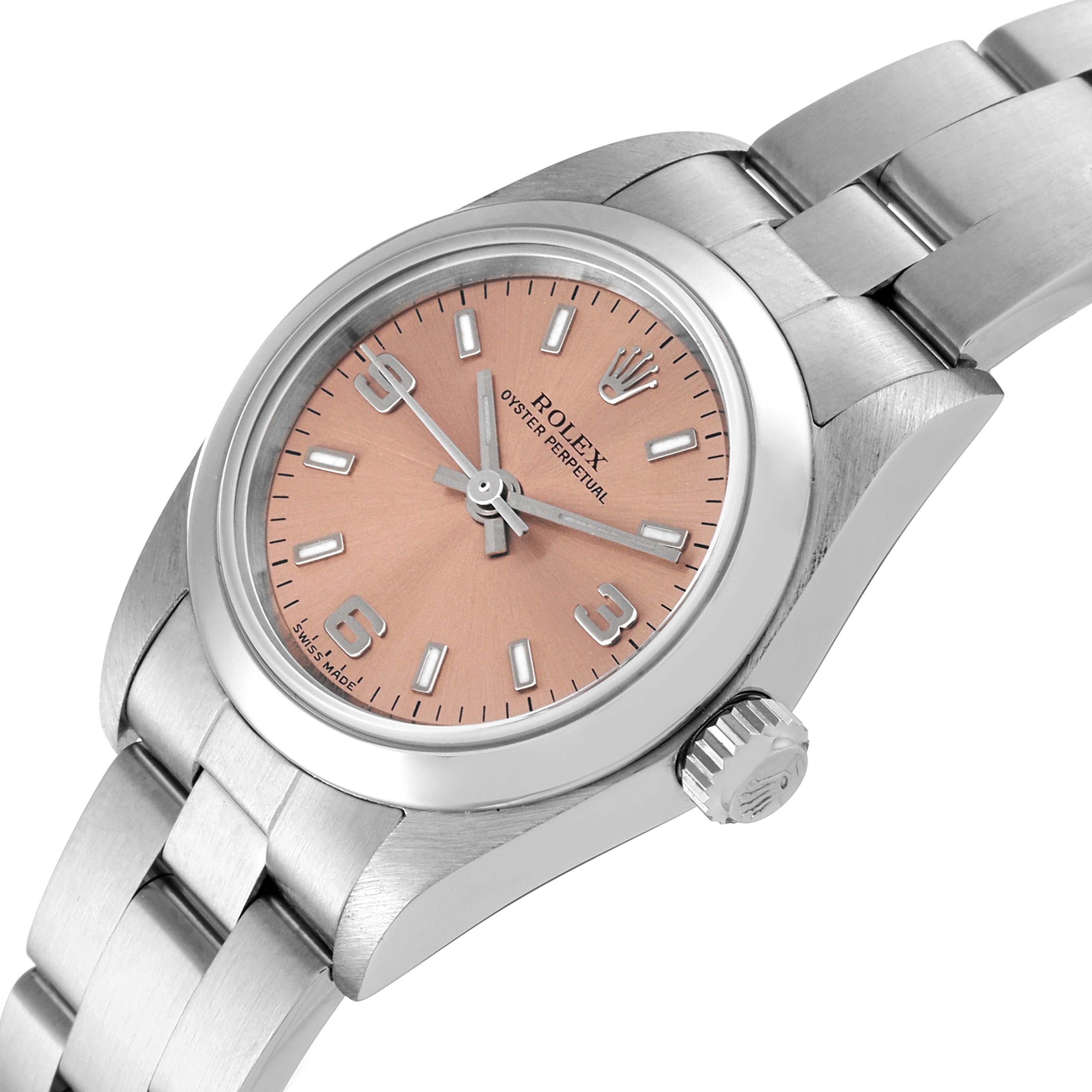 This Oyster Perpetual Rolex watch is shown from a side angle, highlighting the dial, crown, and bracelet.