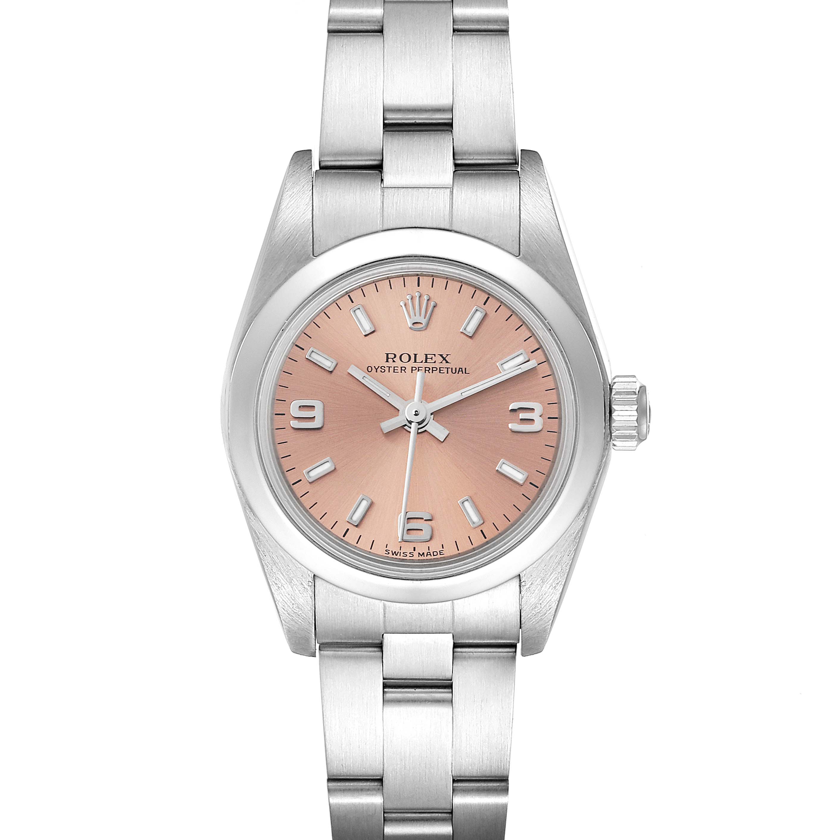 This Rolex Oyster Perpetual 76080 Women
s Stainless Steel Pink Dial 76080 Women
s Stainless Steel Pink Dial watch is shown from a front angle, displaying the dial, case, and bracelet.