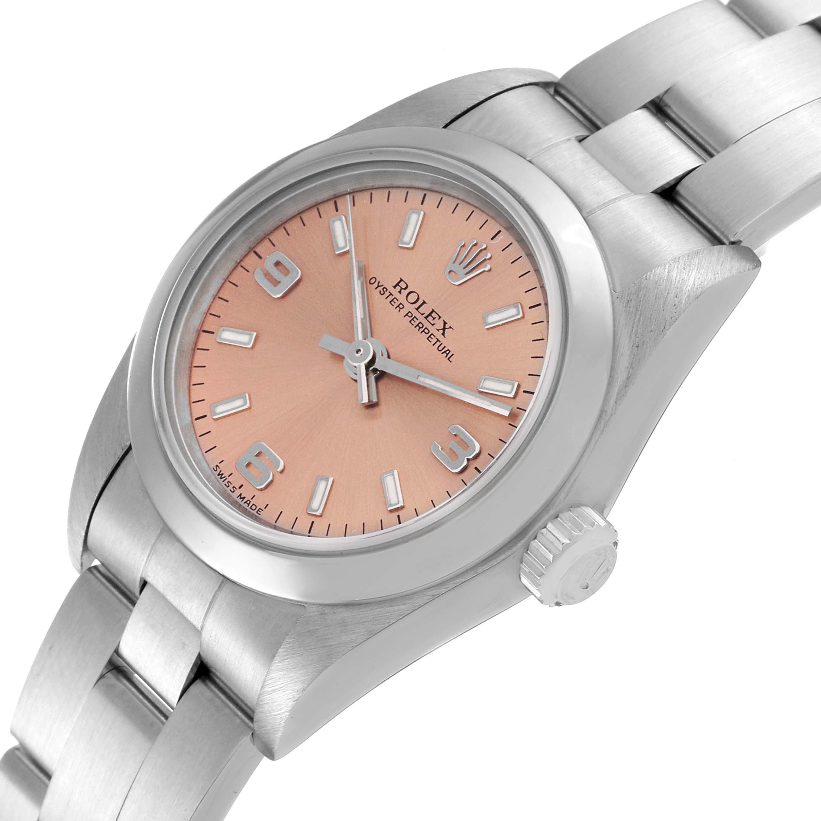 The Rolex Oyster Perpetual 76080 Women
s Stainless Steel Pink Dial 76080 Women
s Stainless Steel Pink Dial watch is shown at an angle, highlighting the face, crown, and bracelet.