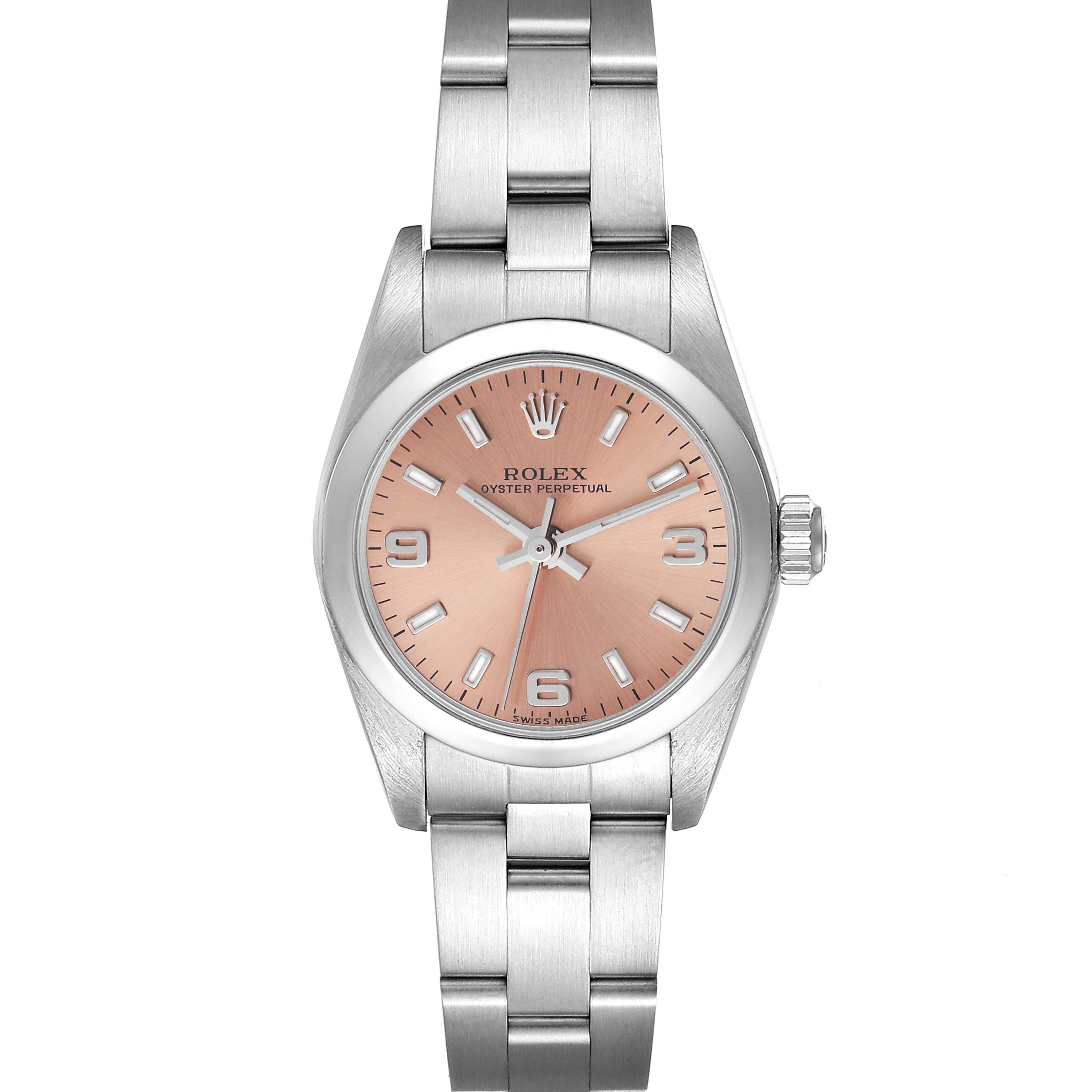 This image shows a Rolex Oyster Perpetual 76080 Women
s Stainless Steel Pink Dial 76080 Women
s Stainless Steel Pink Dial watch from a top-down angle, highlighting the dial, case, and bracelet.