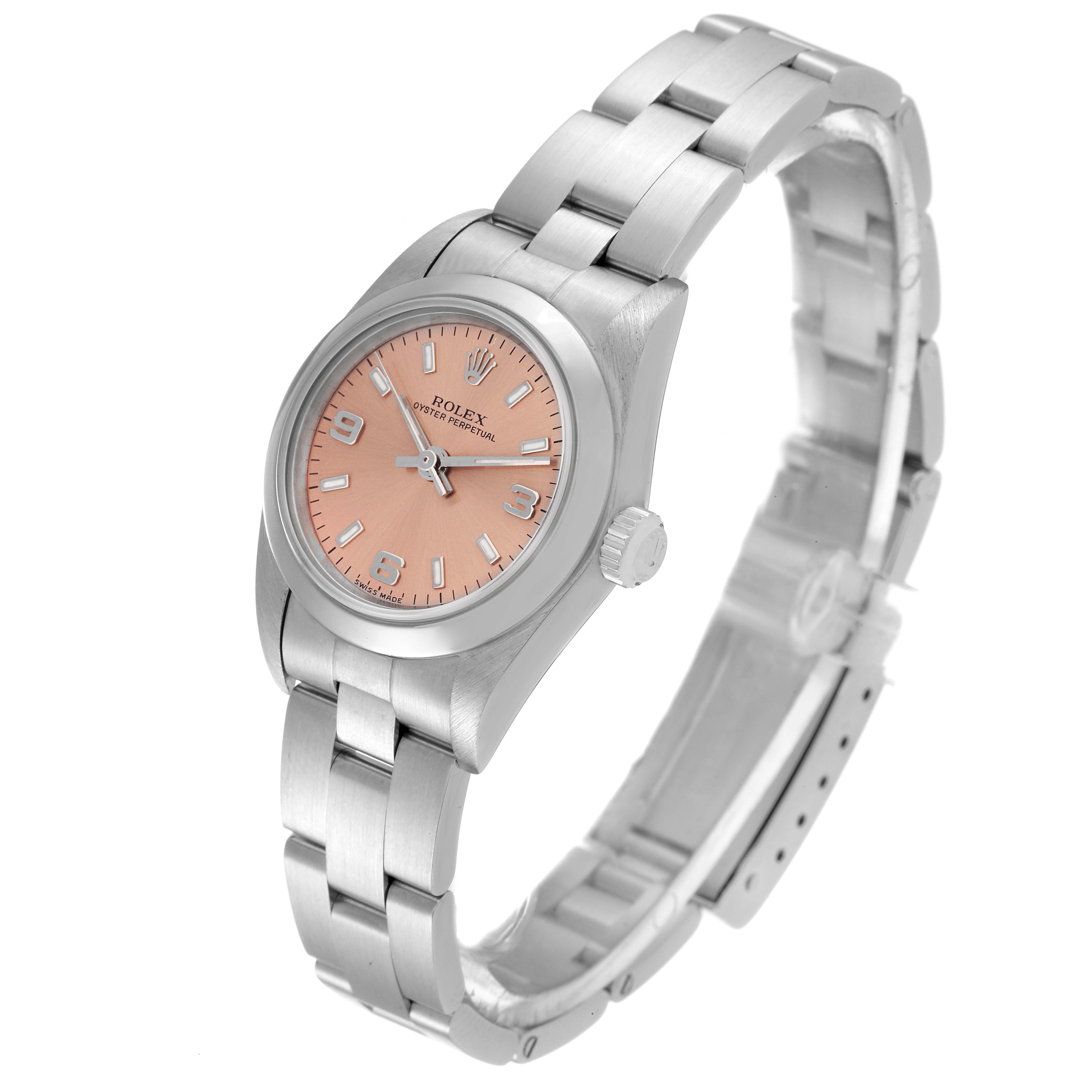 This is a side view of a Rolex Oyster Perpetual 76080 Women
s Stainless Steel Pink Dial 76080 Women
s Stainless Steel Pink Dial watch, showing the dial, crown, and stainless steel bracelet.