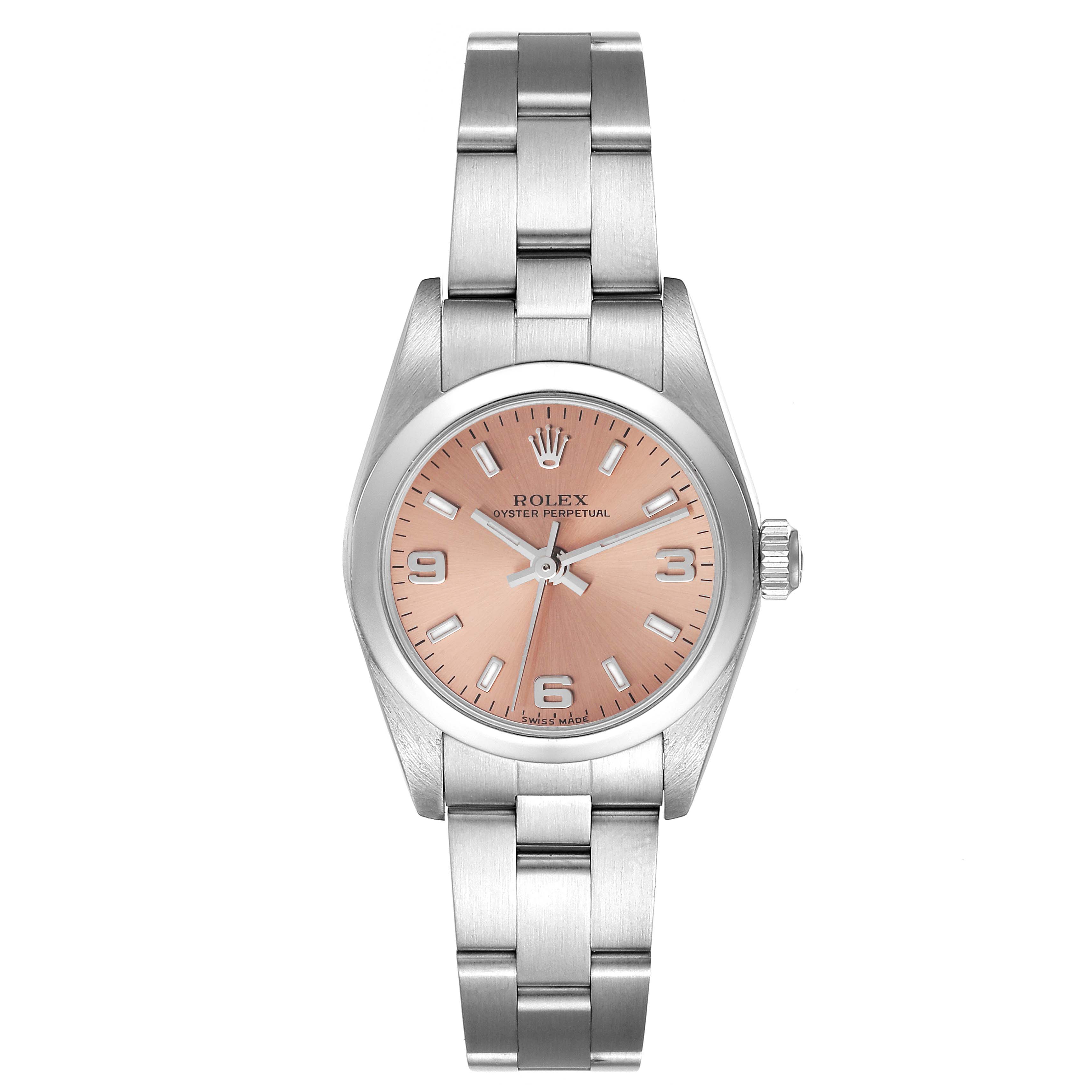 This image shows a close-up, top-down view of a Rolex Oyster Perpetual 76080 Women
s Stainless Steel Pink Dial 76080 Women
s Stainless Steel Pink Dial watch displaying the face, bracelet, and crown.