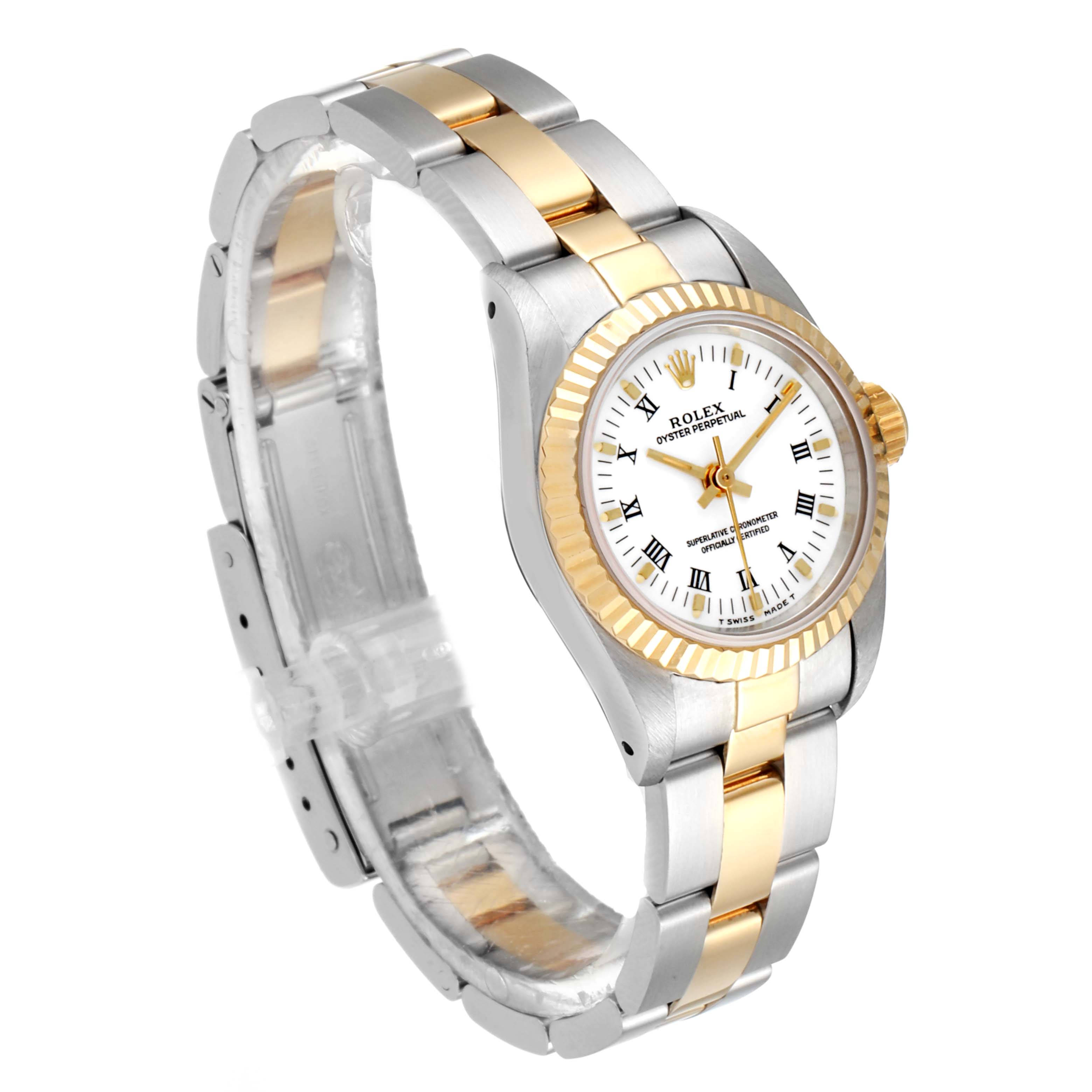 This Rolex Oyster Perpetual 67193 Women's Steel and Gold (two tone) White Dial 67193 Women's Steel and Gold (two tone) White Dial watch is shown at an angle highlighting its gold and silver bracelet and white dial.