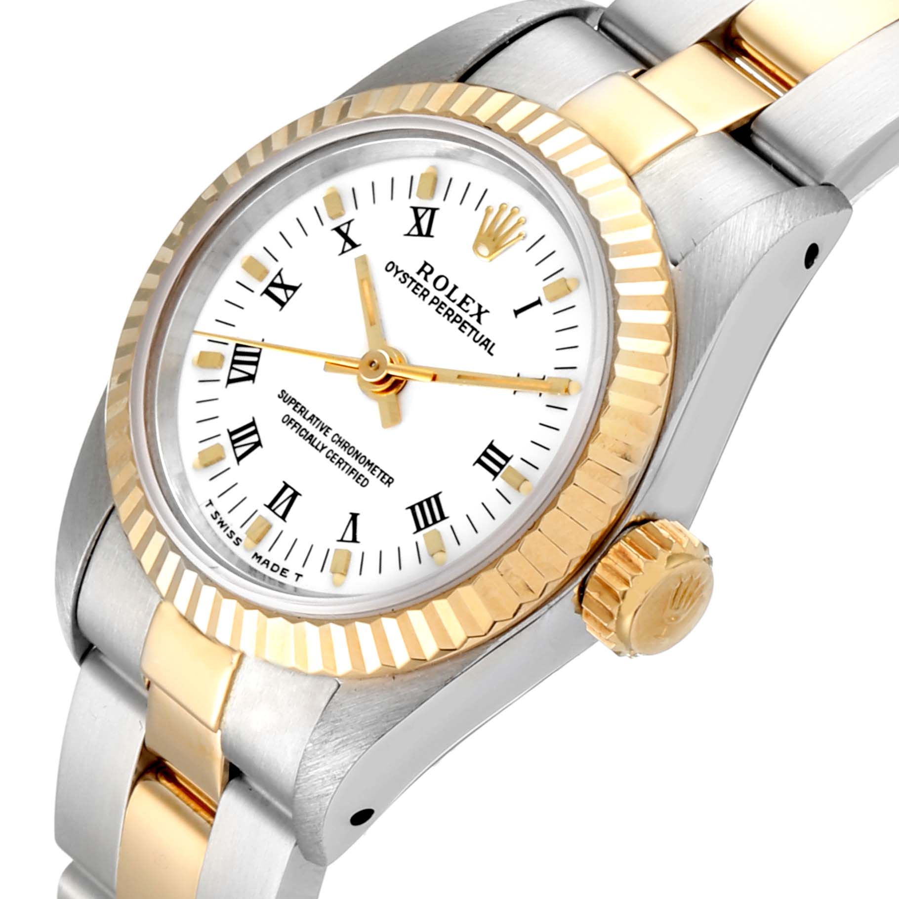 The image shows a close-up angle of a Rolex Oyster Perpetual 67193 Women's Steel and Gold (two tone) White Dial 67193 Women's Steel and Gold (two tone) White Dial watch, highlighting the dial, bezel, crown, and part of the bracelet.