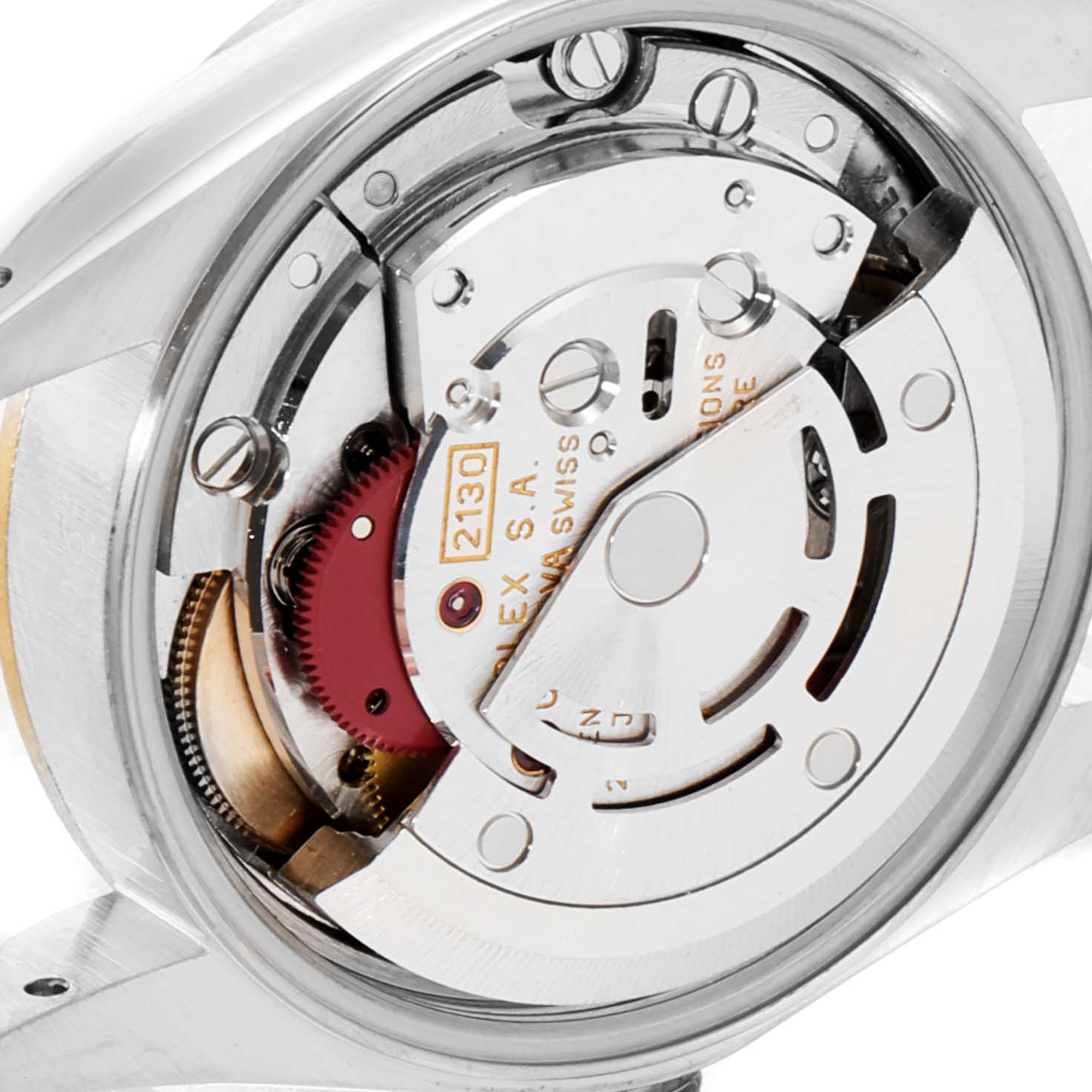 This image shows the internal mechanism of a Rolex Oyster Perpetual 67193 Women's Steel and Gold (two tone) White Dial 67193 Women's Steel and Gold (two tone) White Dial watch from the back angle.