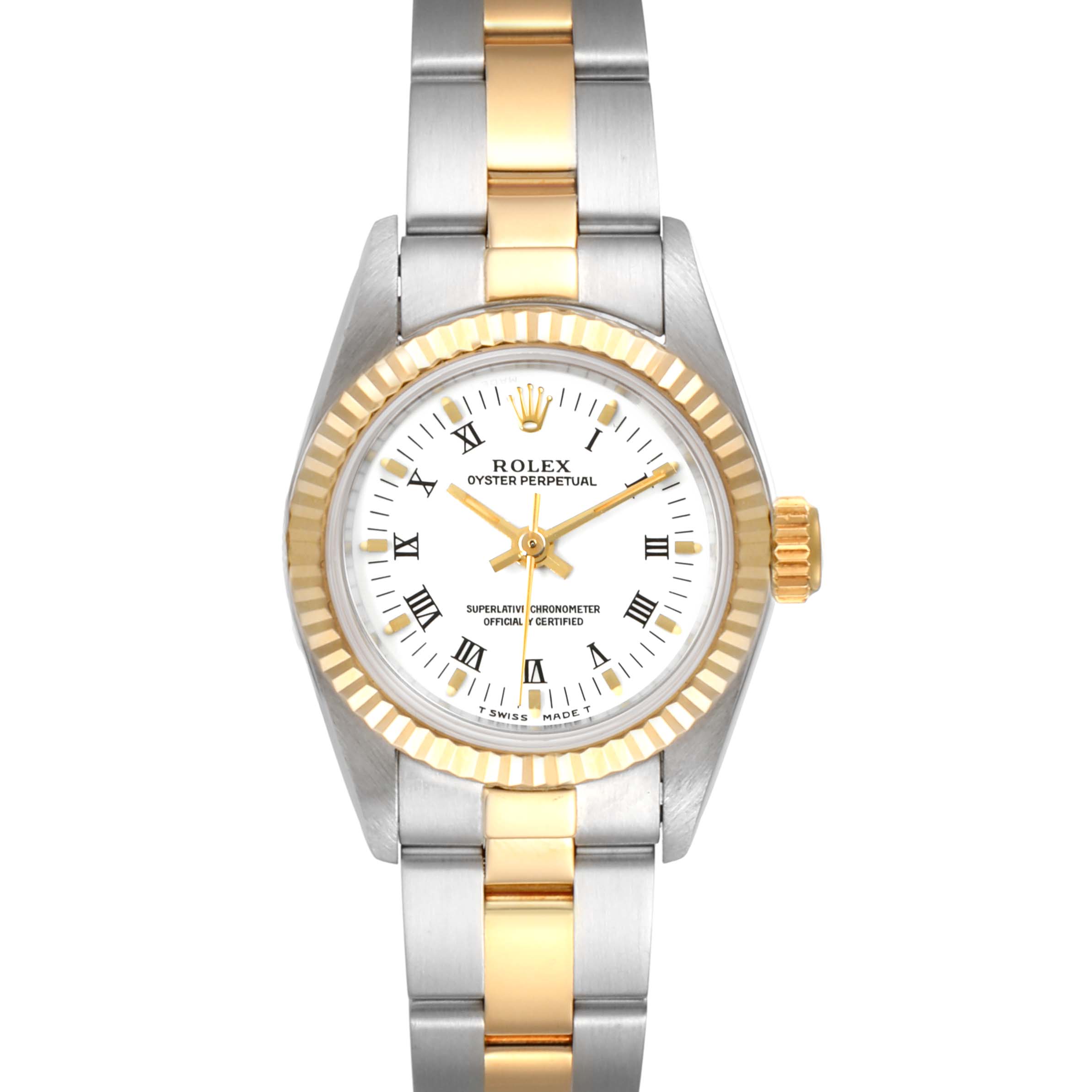 This image shows a front view of the Rolex Oyster Perpetual 67193 Women's Steel and Gold (two tone) White Dial 67193 Women's Steel and Gold (two tone) White Dial watch, highlighting the dial, bezel, and bracelet.