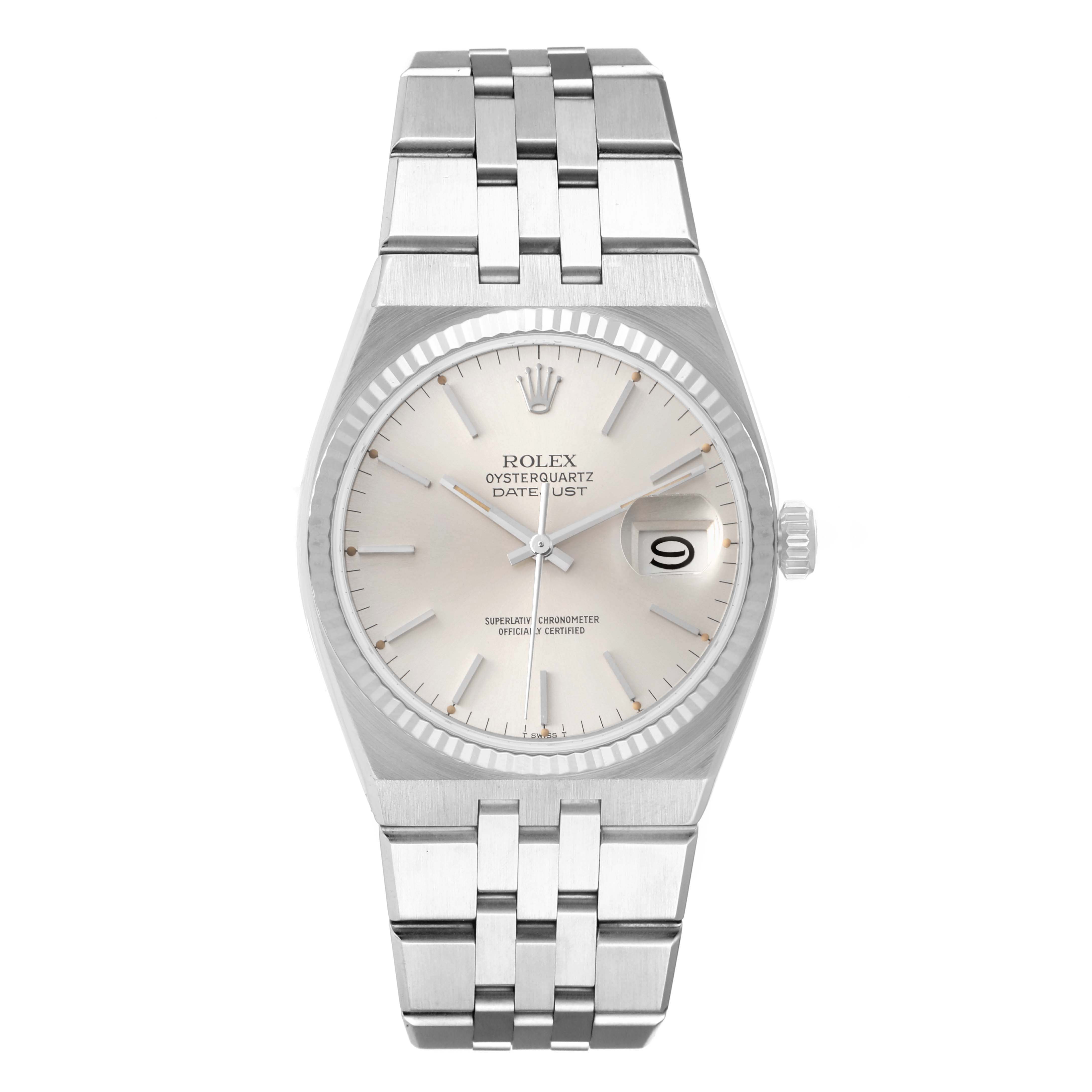 The image shows a Rolex Oysterquartz 17014 Men
s Stainless Steel Silver Dial 17014 Men
s Stainless Steel Silver Dial watch face-on, displaying the entire dial, bracelet, and crown.