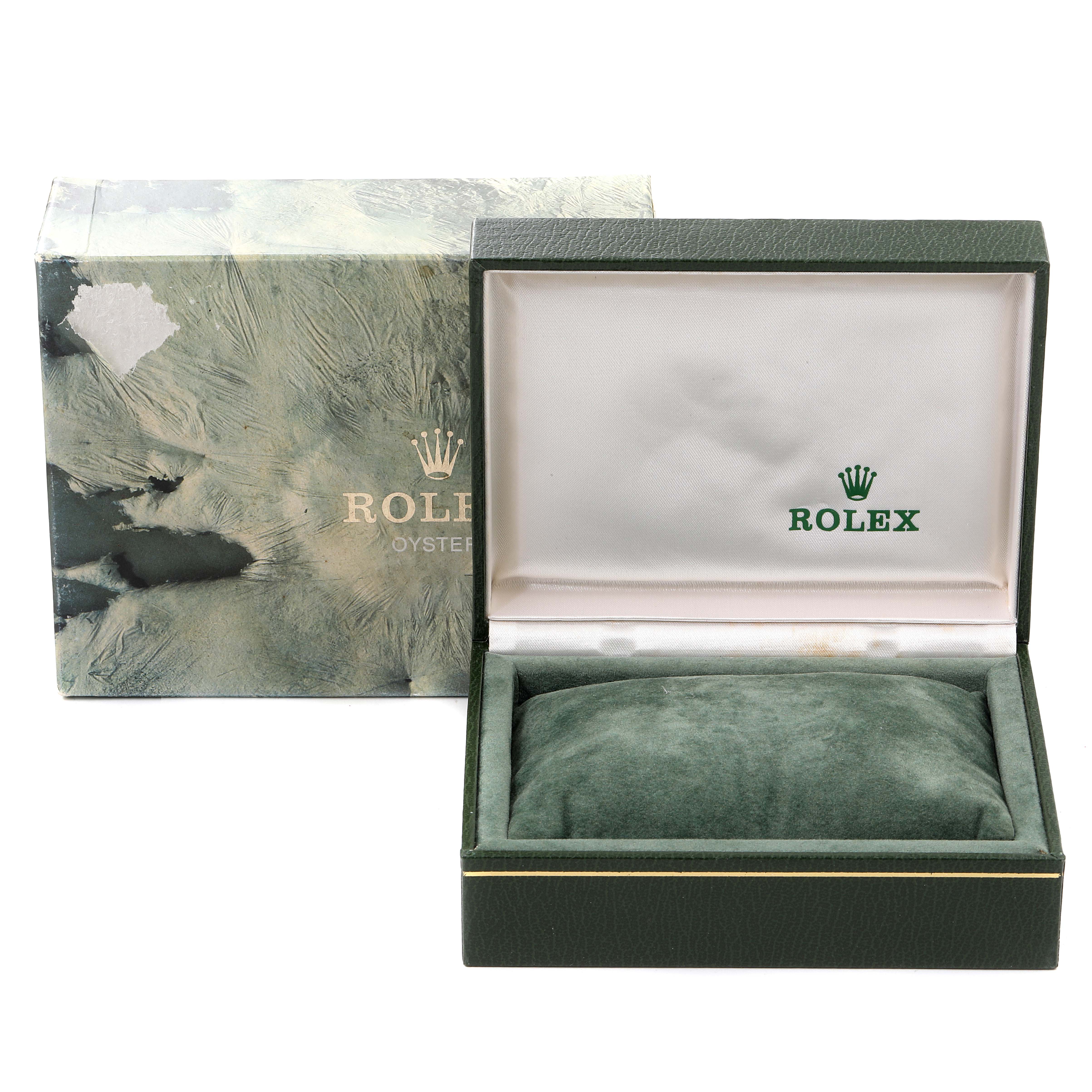 This image shows the box and inner case for the Rolex Oysterquartz 17014 Men
s Stainless Steel Silver Dial 17014 Men
s Stainless Steel Silver Dial watch, with the lid open and no watch visible.